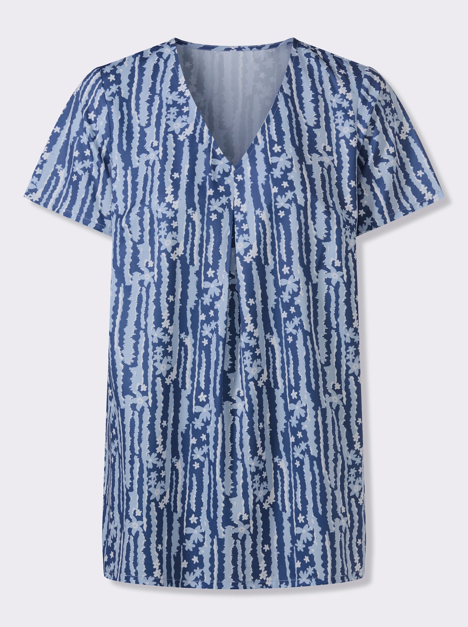 Tunika rozšířeného navlékacího střihu - džínová-ecru-potisk