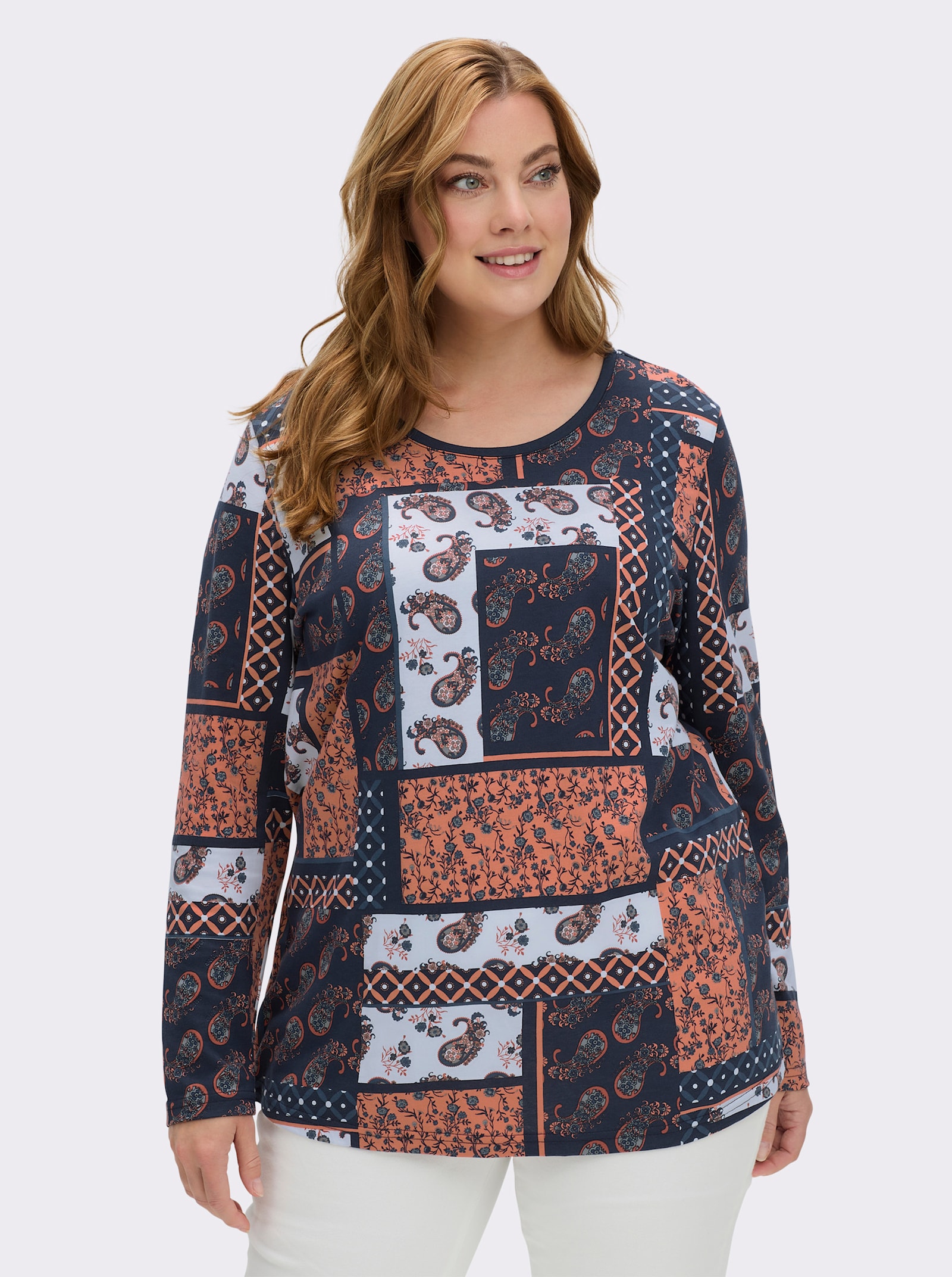 Langarmshirt im Patchwork-Dessin - rostrot-bedruckt