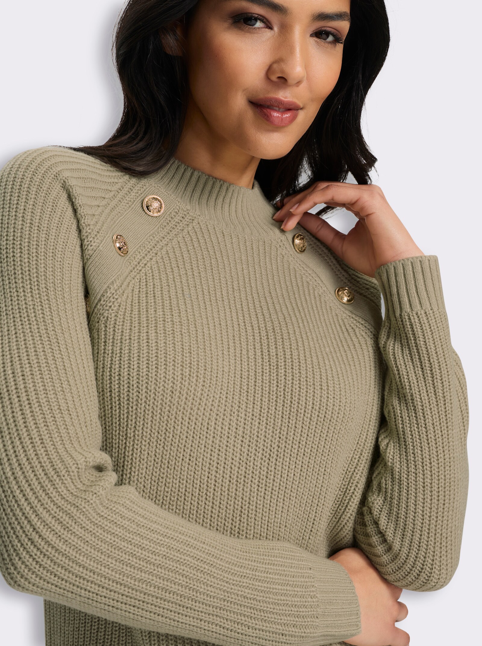 Stehkragenpullover mit Zierknöpfen - sesam