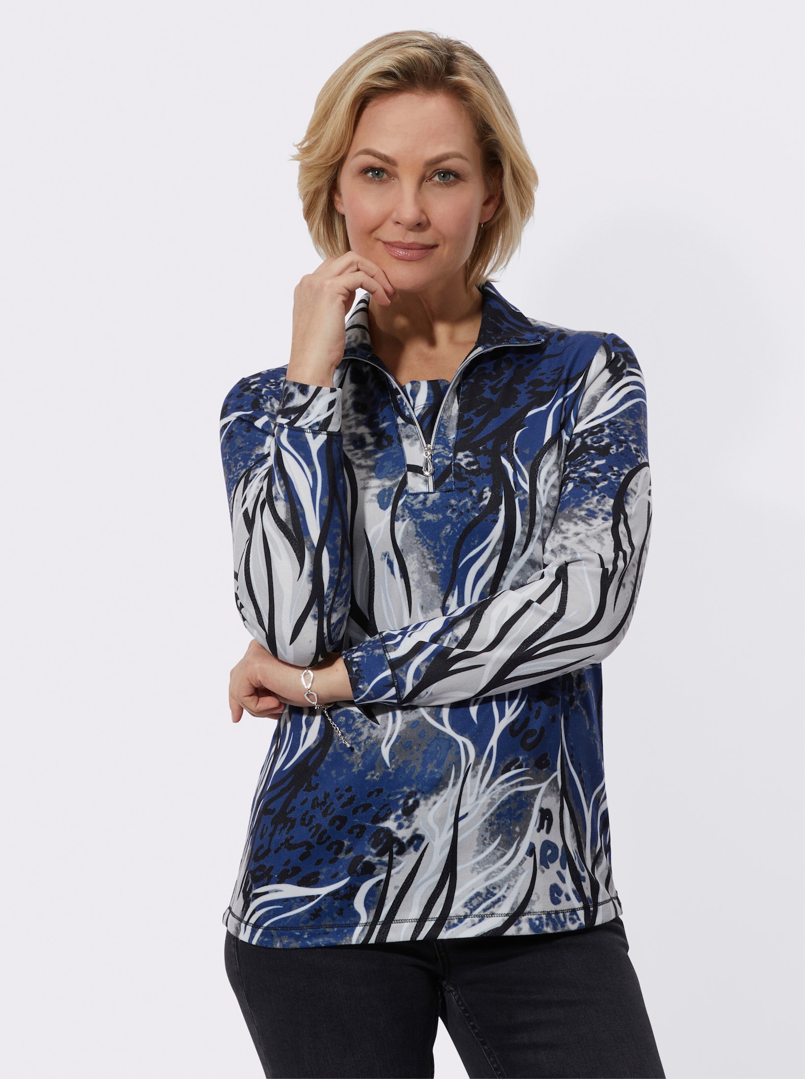 Winters shirt met lange mouwen - koningsblauw/lichtgrijs bedrukt