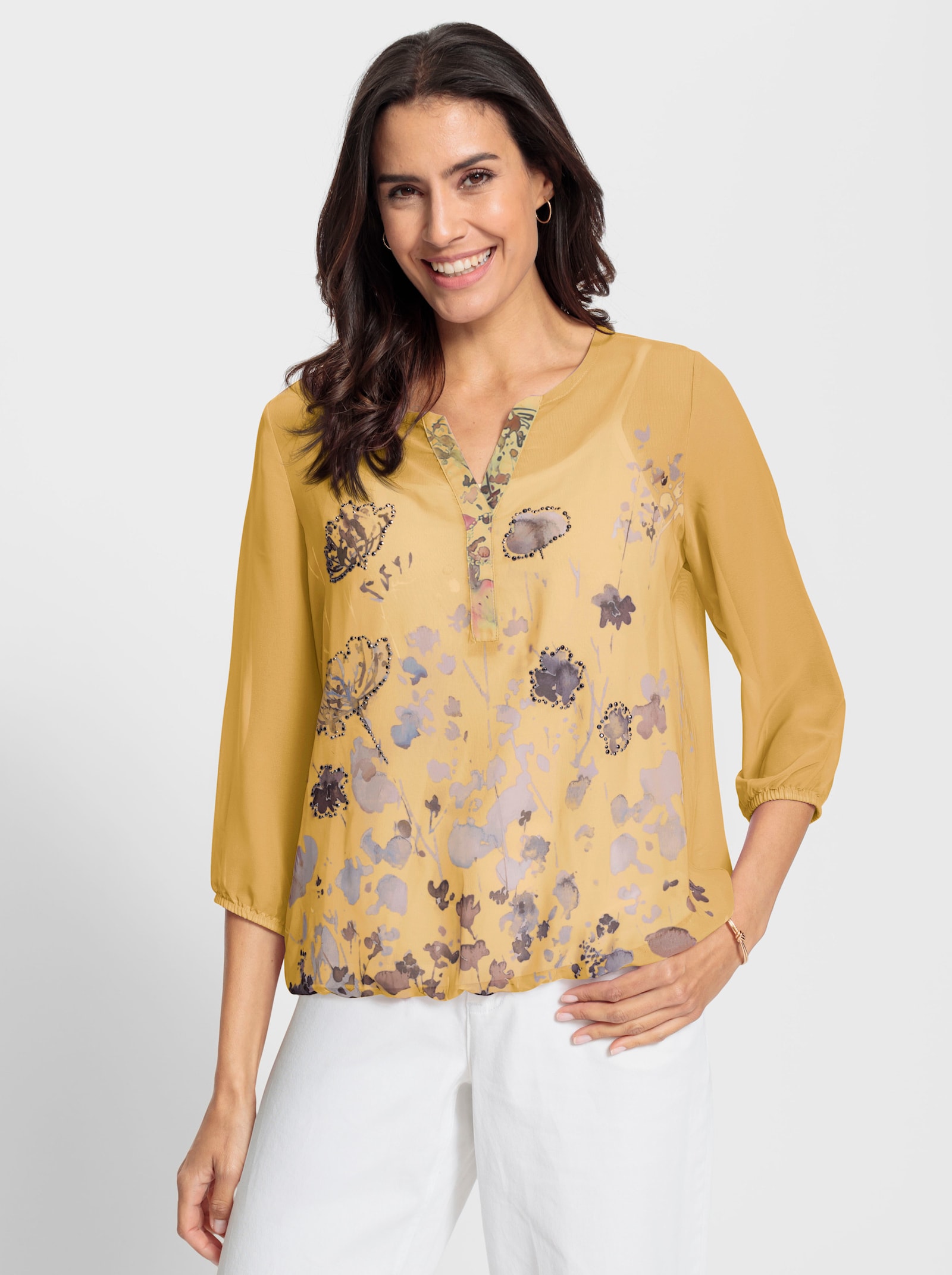 Schlupfbluse mit Spaghetti-Top - gelb-bedruckt