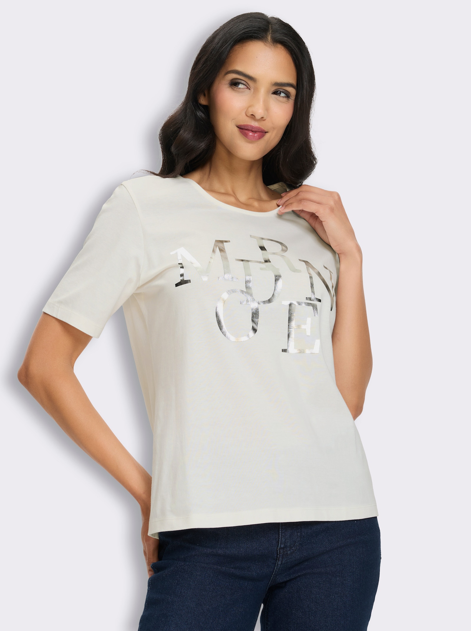 Kurzarmshirt mit Lettering-Folienprint - ecru