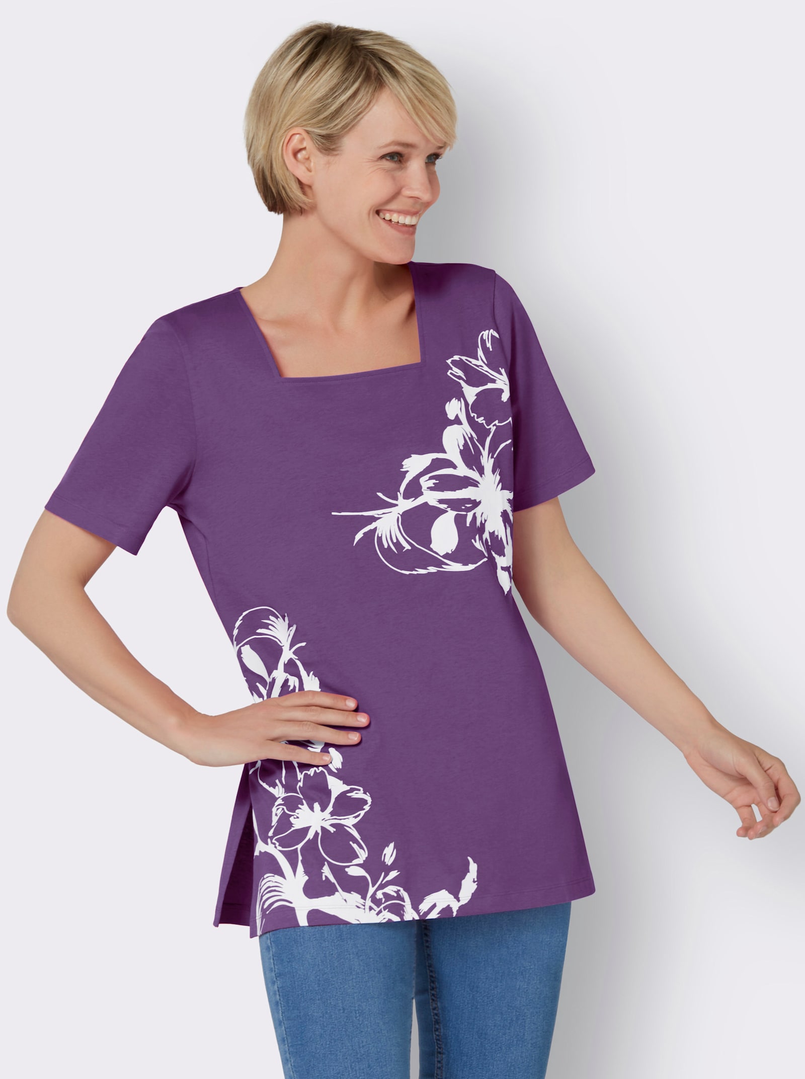 Lang shirt met vierkante hals, gebloemd - paars/wit