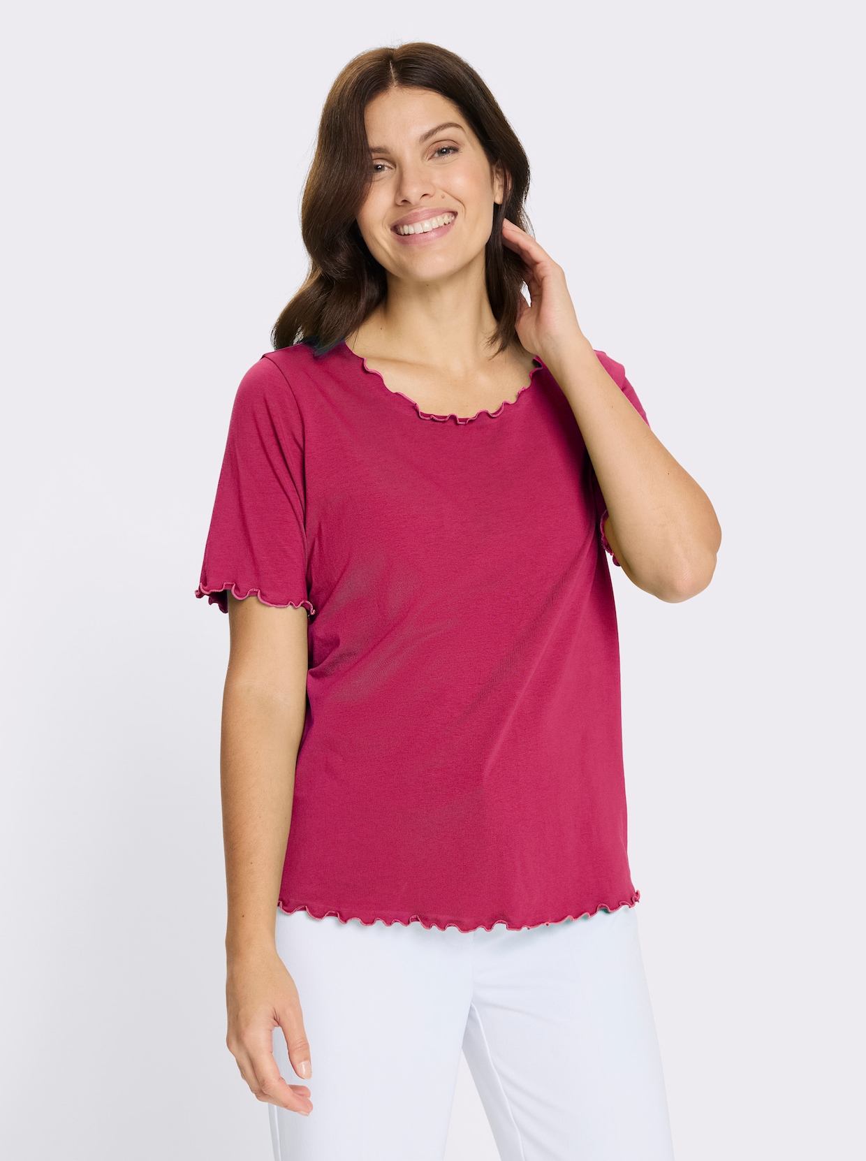 Kurzarmshirt mit gewellten Abschlüssen - pink