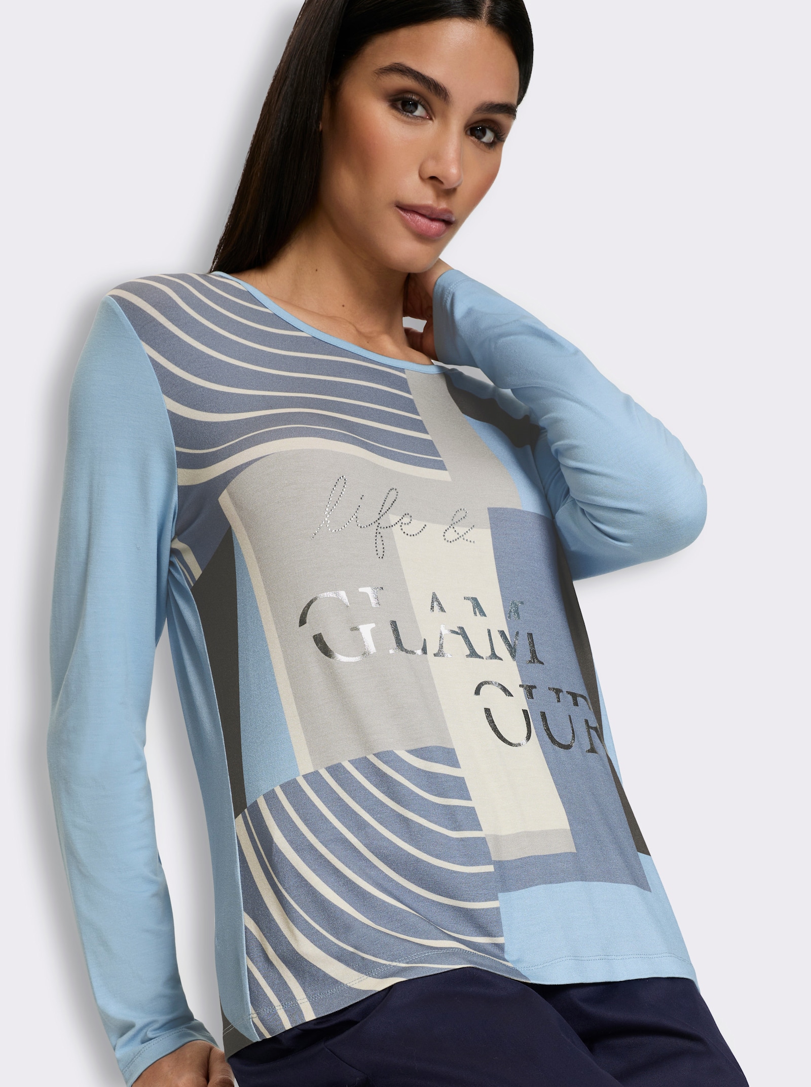heine Langarmshirt mit Glitzersteinchen - eisblau-hellgrau-bedruckt