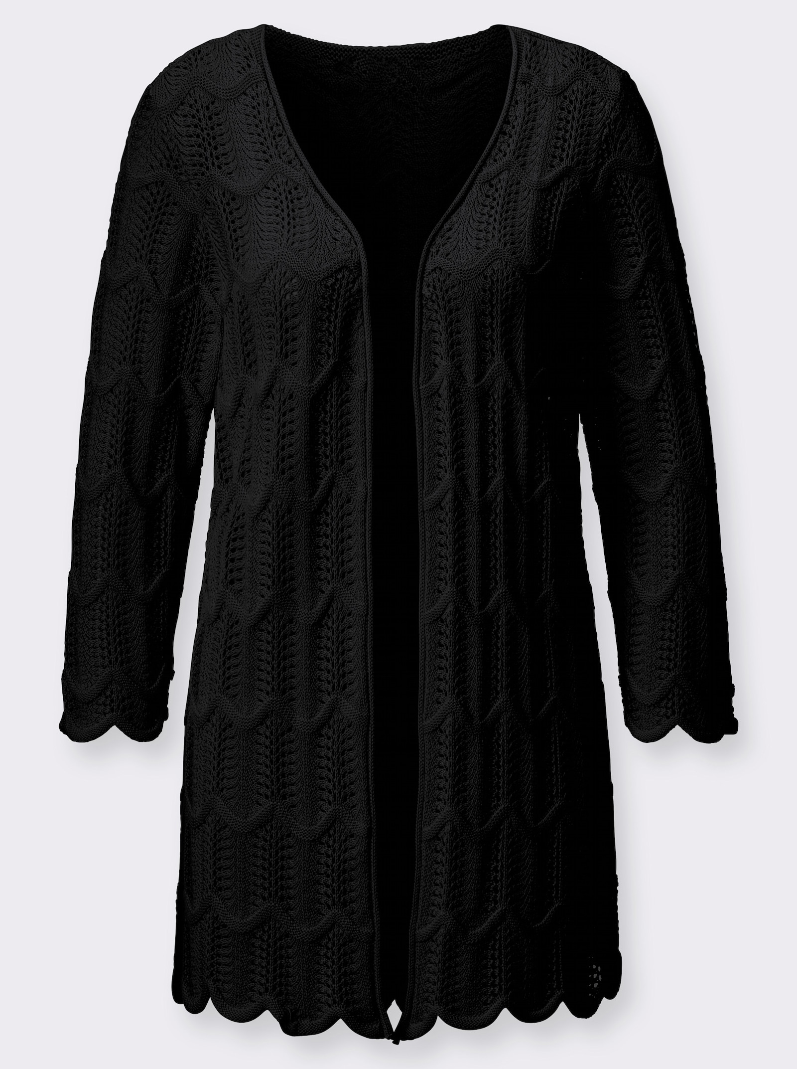 Longstrickjacke im Ajour-Strick-Mix - schwarz