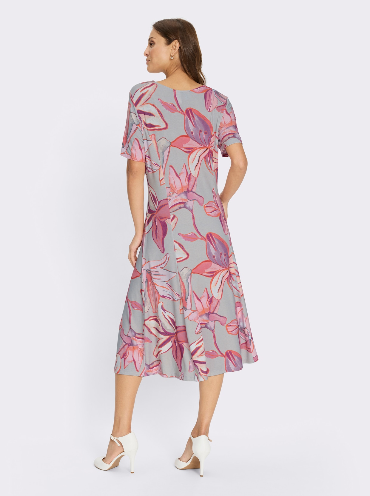 Jerseykleid - hellgrau-koralle-bedruckt