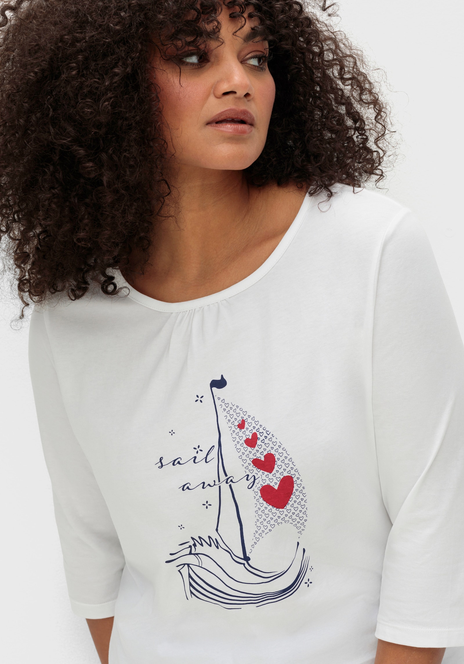 3/4-Arm-Shirt aus reiner Baumwolle - ecru-marine