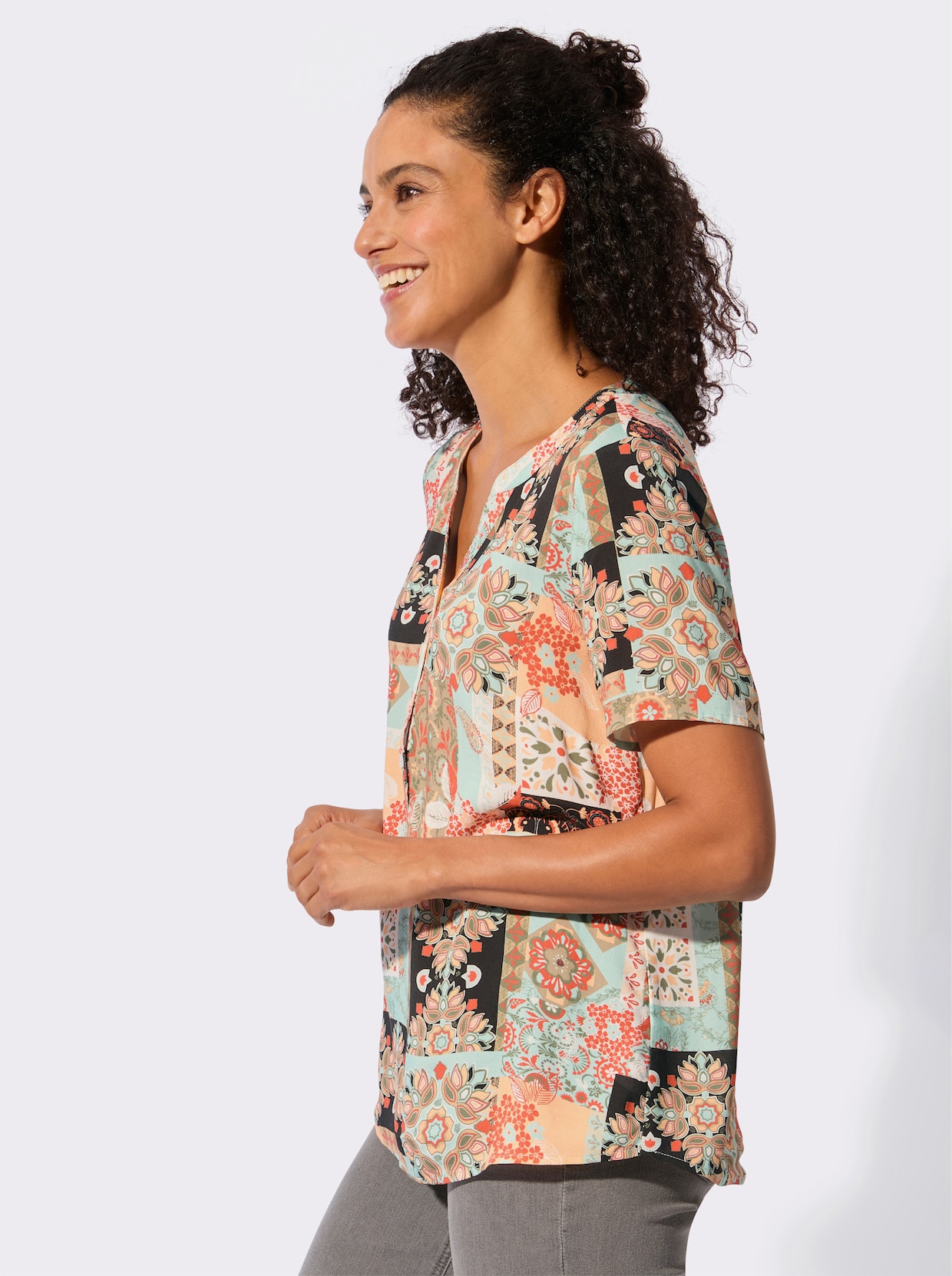 Kurzarm-Bluse - mint-apricot-bedruckt
