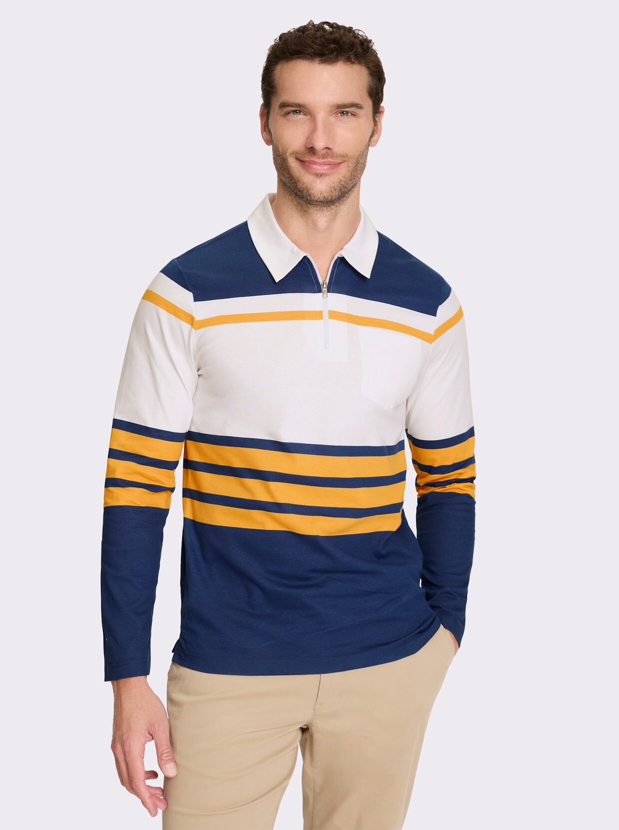 Catamaran Langarmshirt - dunkelblau-ocker-gestreift