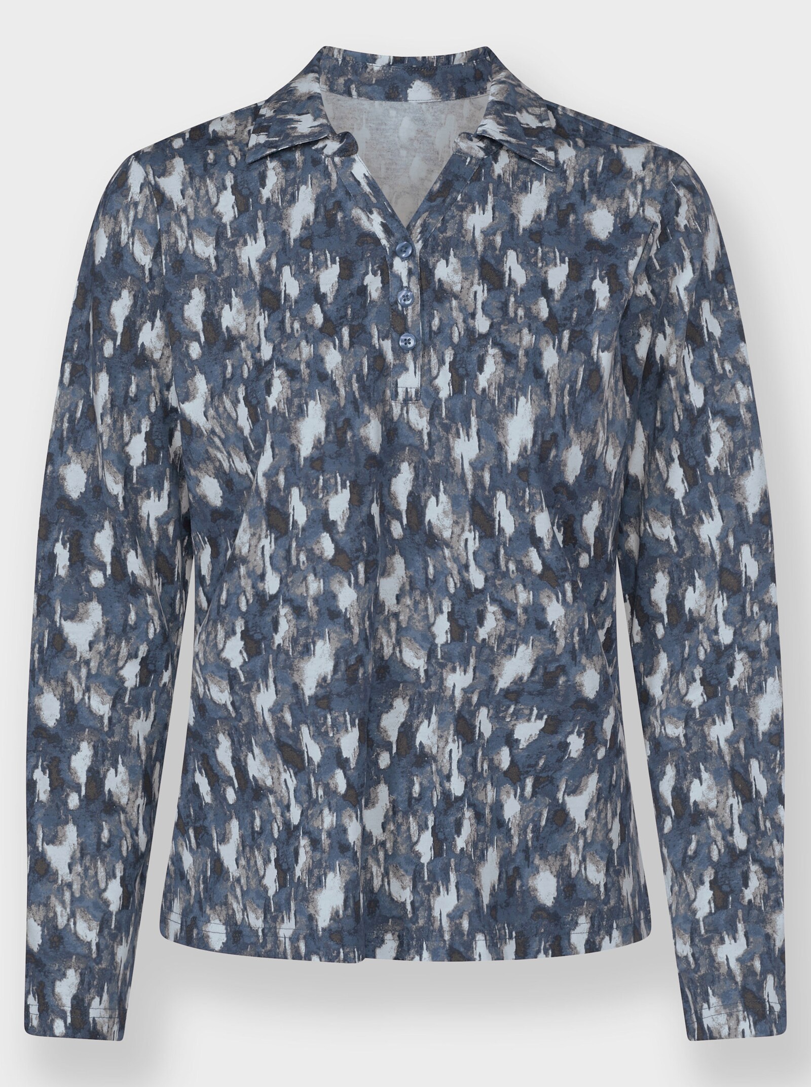 Poloshirt mit kurzer Knopfleiste - rauchblau-graphit-bedruckt