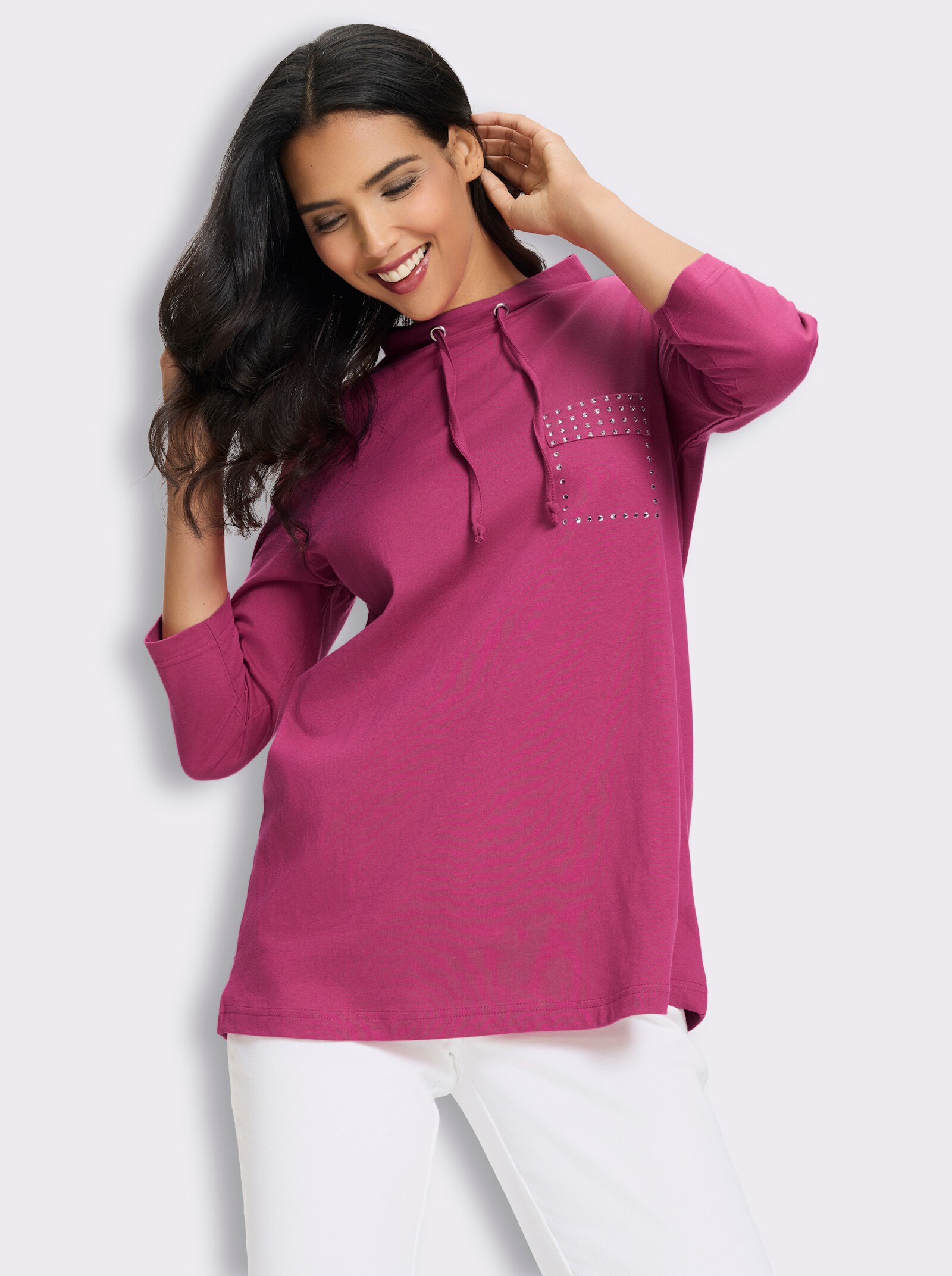 Longshirt mit Glitzersteinchen - fuchsia