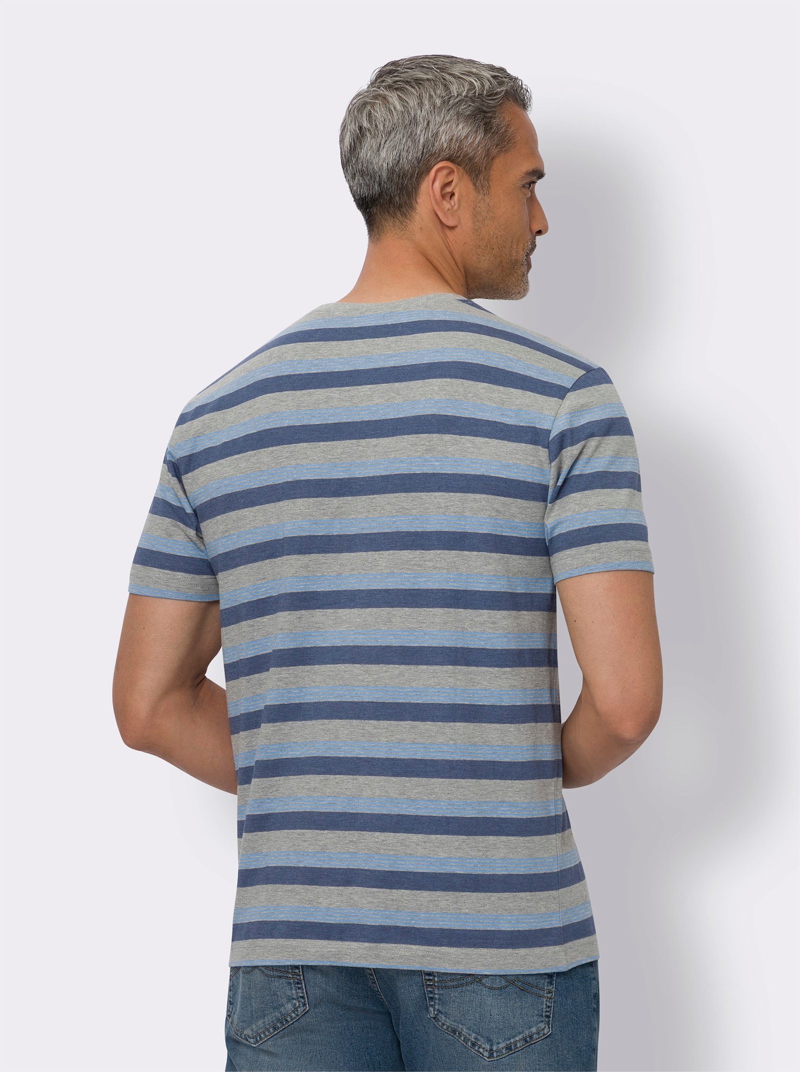 Rundhalsshirt mit garngefärbtem Ringel-Muster - grau-rauchblau-geringelt