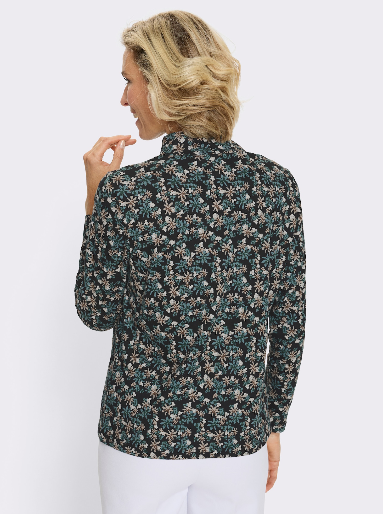 Stehkragenshirt mit Blumen-Druck allover - moos-sesam-bedruckt