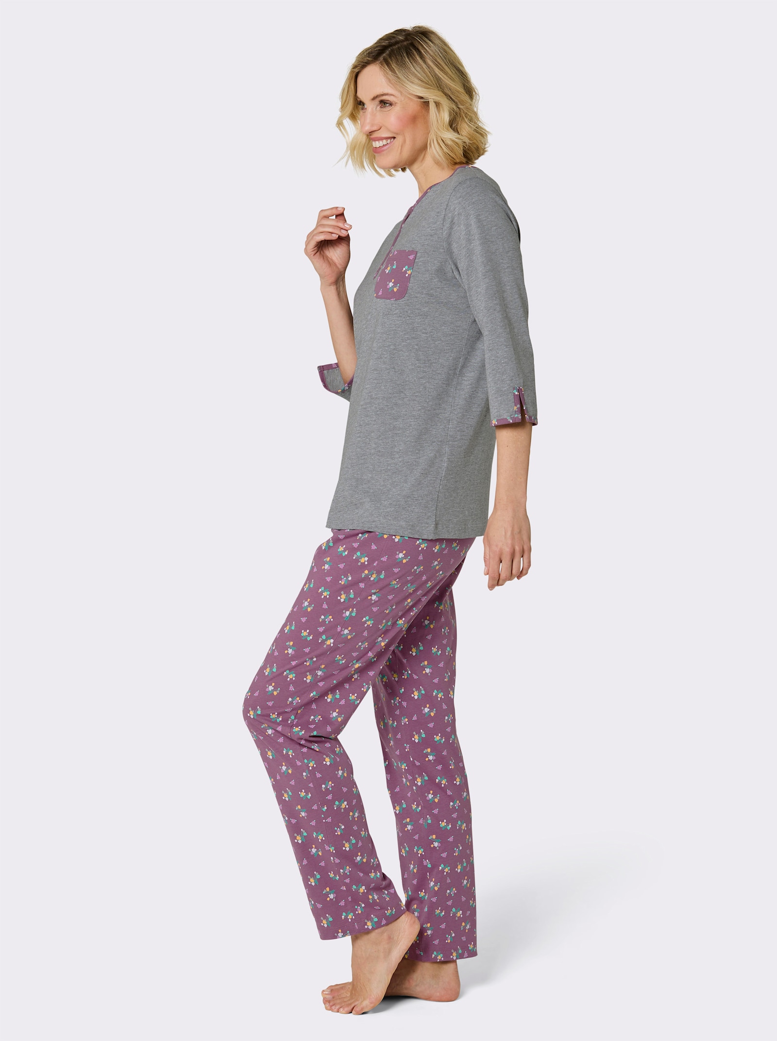 wäschepur Schlafanzug mit Blümchenhose - violett-grau-bedruckt