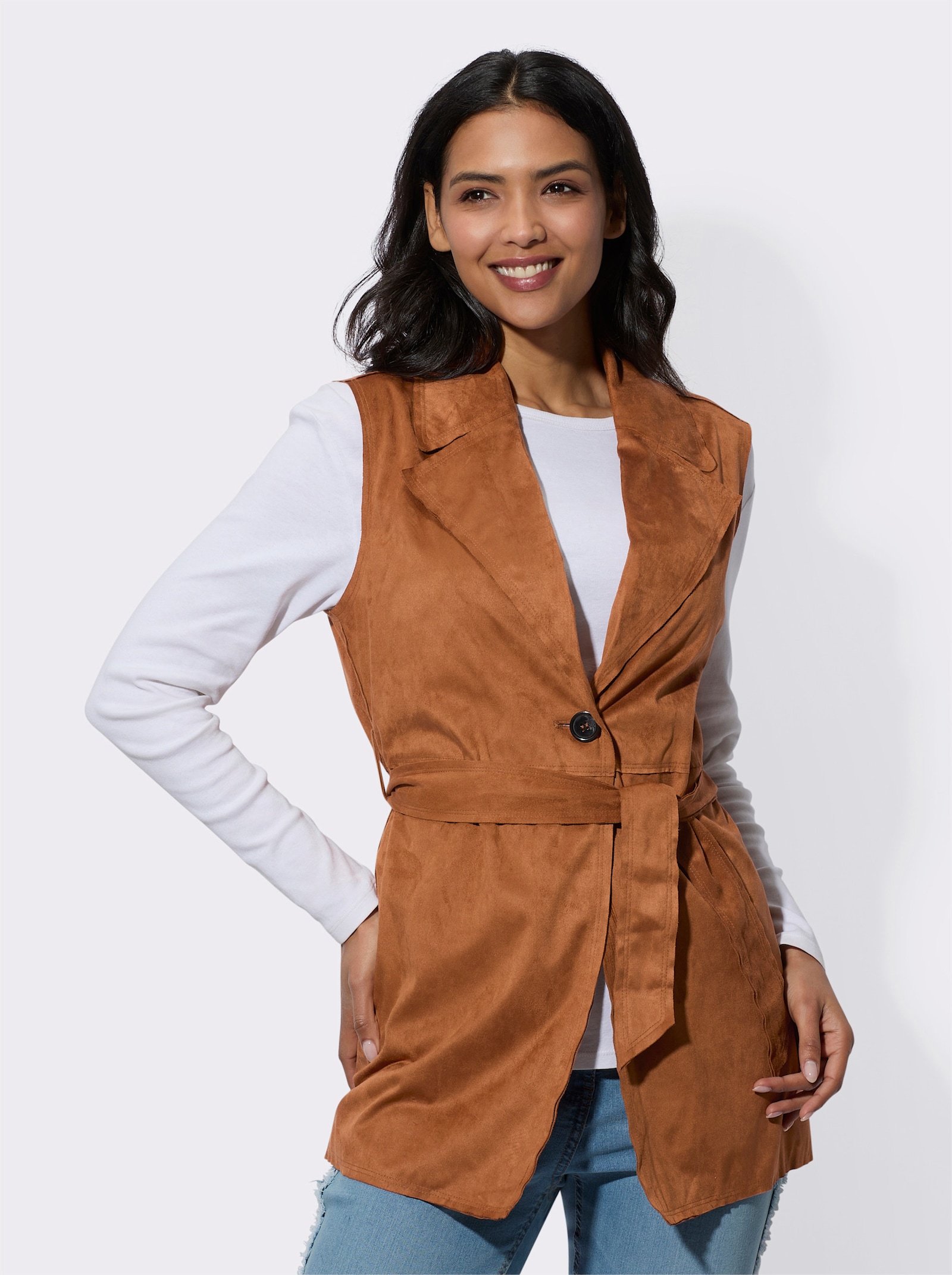 Weste aus Veloursleder-Imitat - cognac