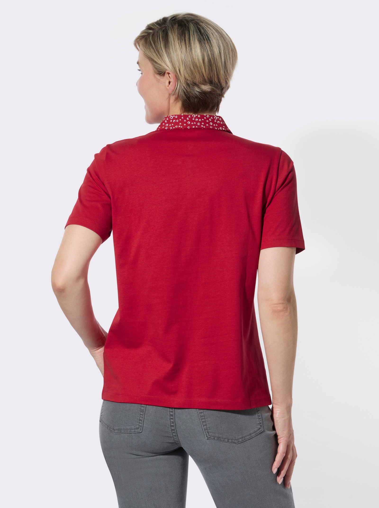 Poloshirt mit bedrucktem Kragen - rot-weiß-getupft + rot