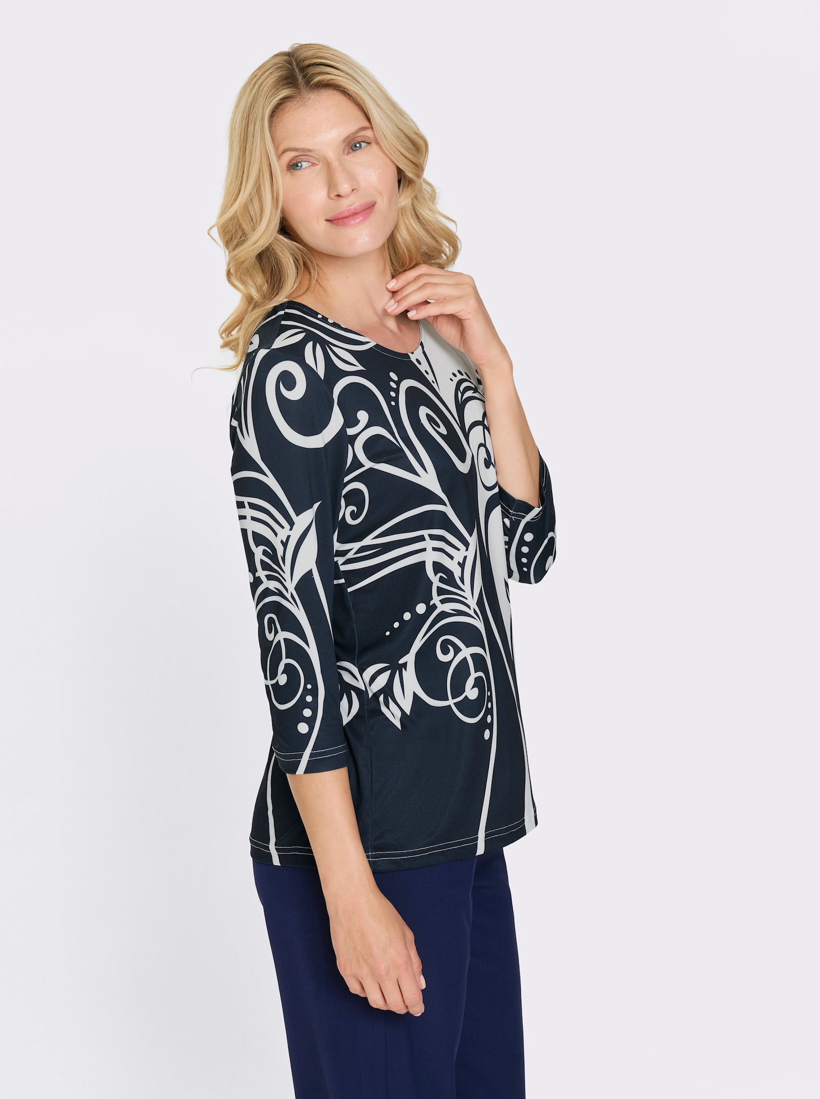 3/4-Arm-Shirt mit Glitzer-Kontrast-Druck - ecru-marine-bedruckt