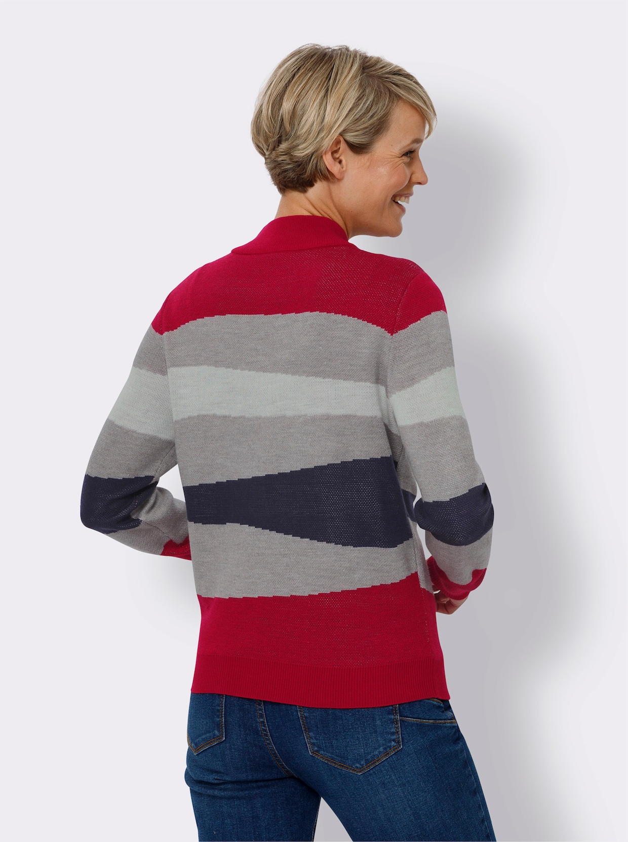Trui met opstaande kraag - grijs gemêleerd/rood gedessineerd