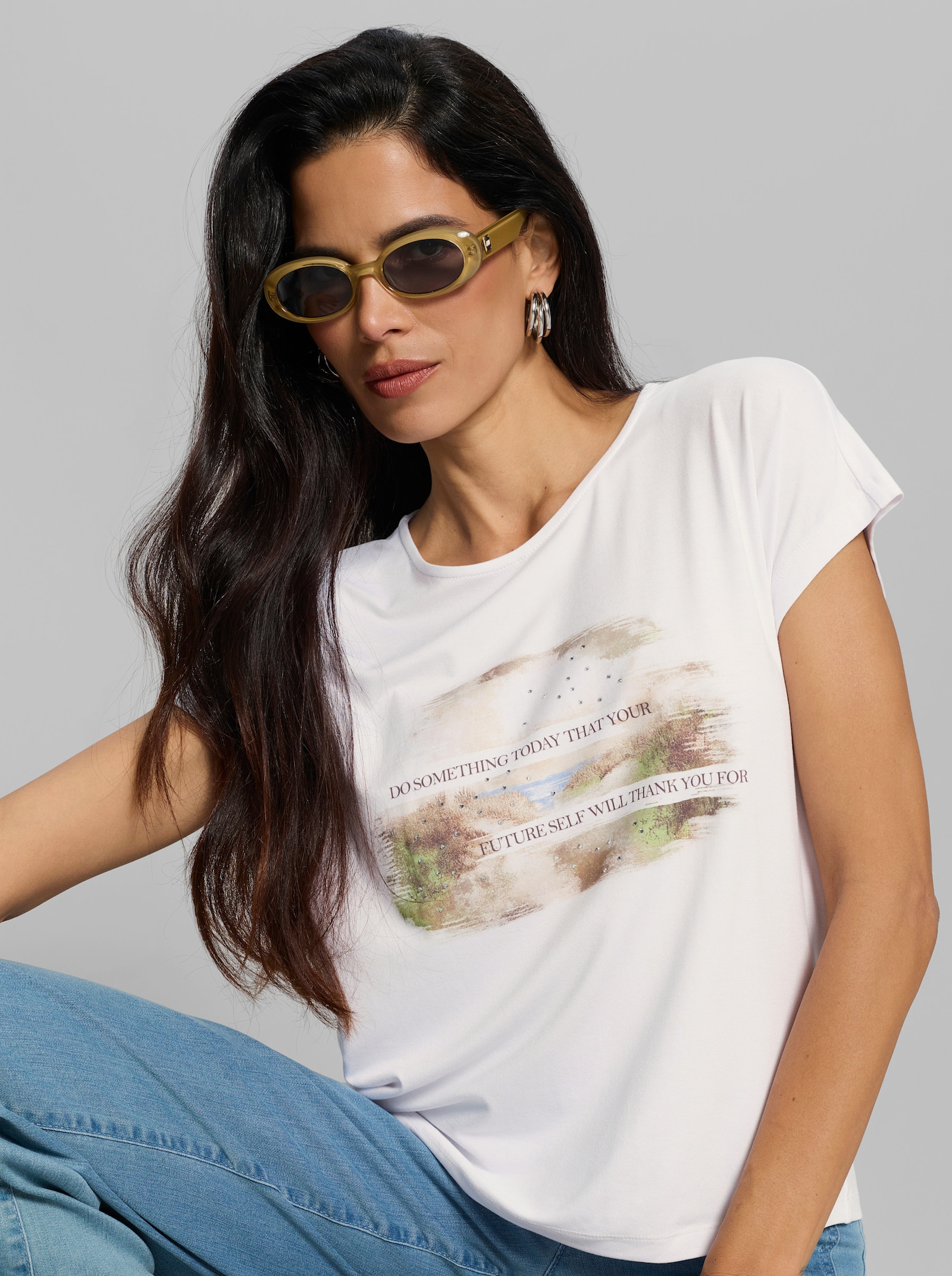 heine Kurzarmshirt mit Ziersteinchen - weiß-sand