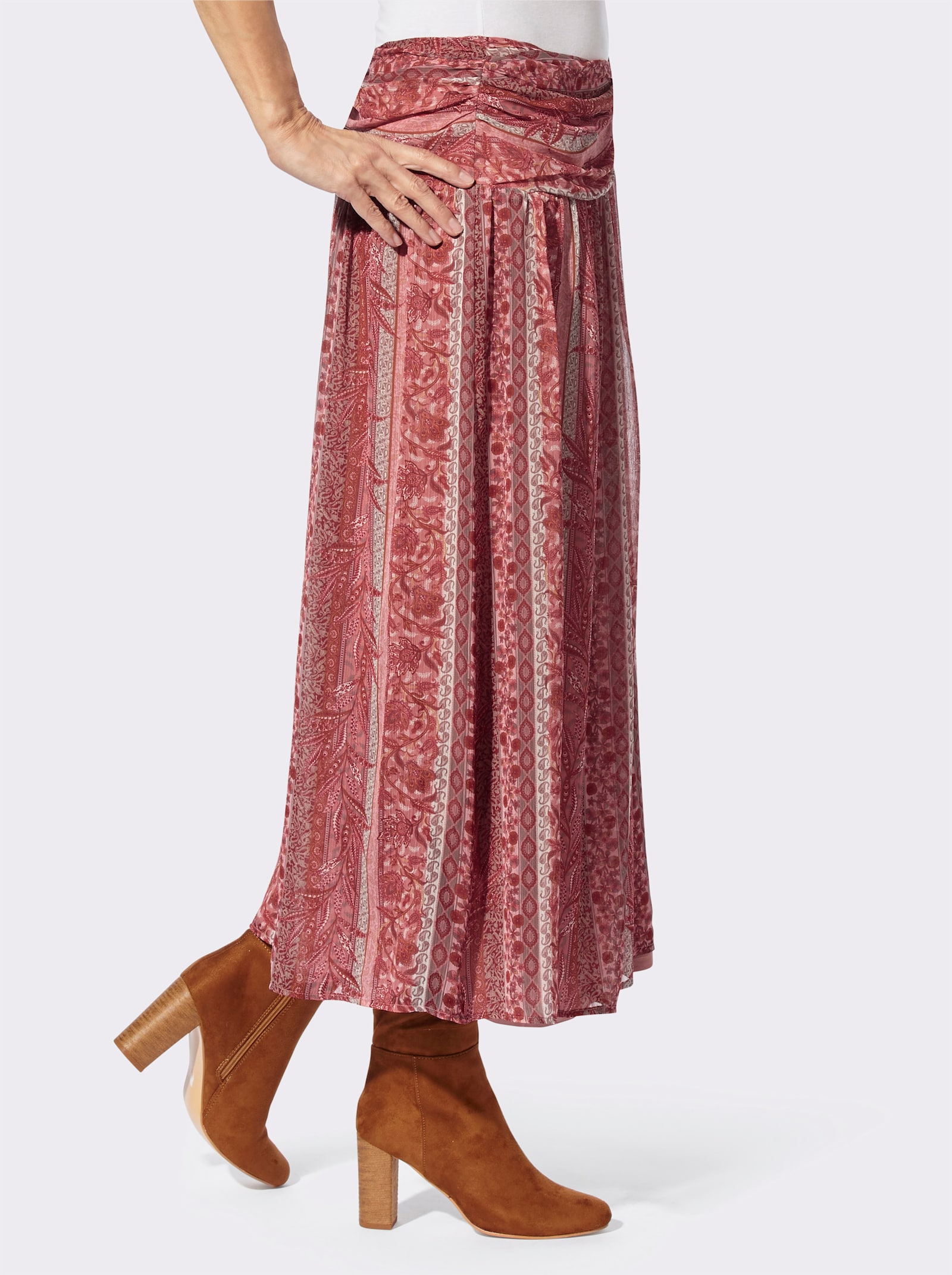 A-Linien-Rock in Crinkle-Qualität, gefüttert - rosenholz-cognac-bedruckt