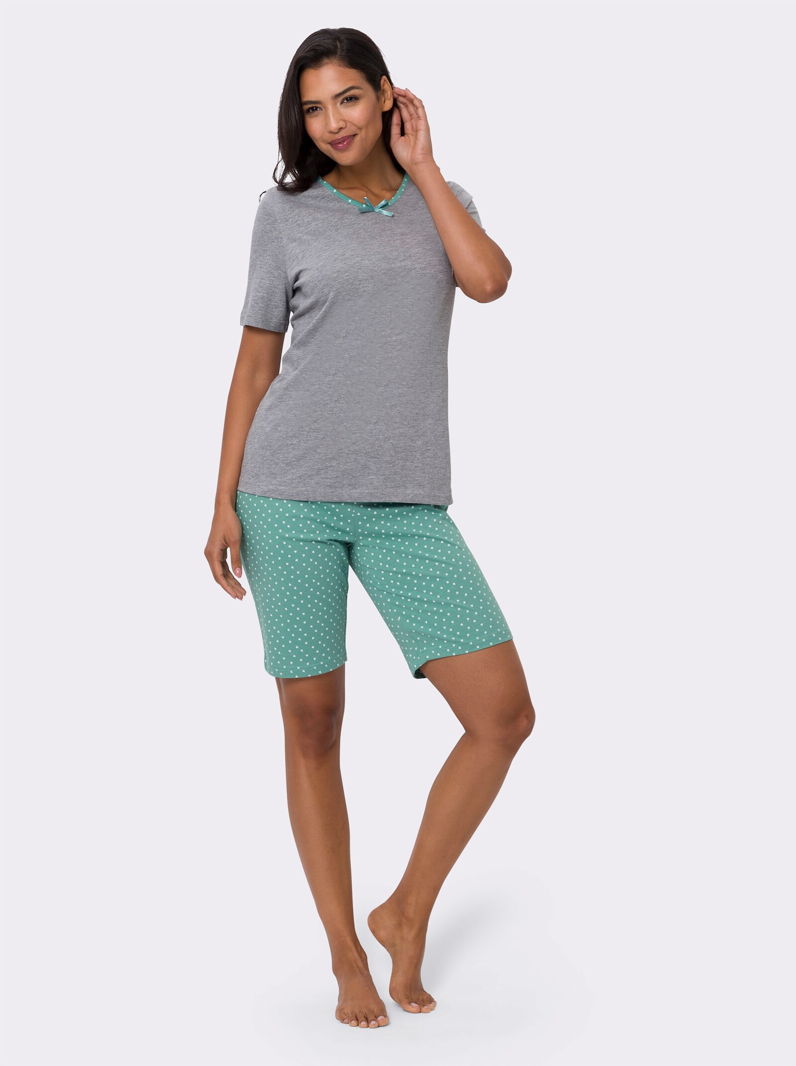 Kortärmad pyjamas med hel resårlinning - ljusgrå-melerad-salvia