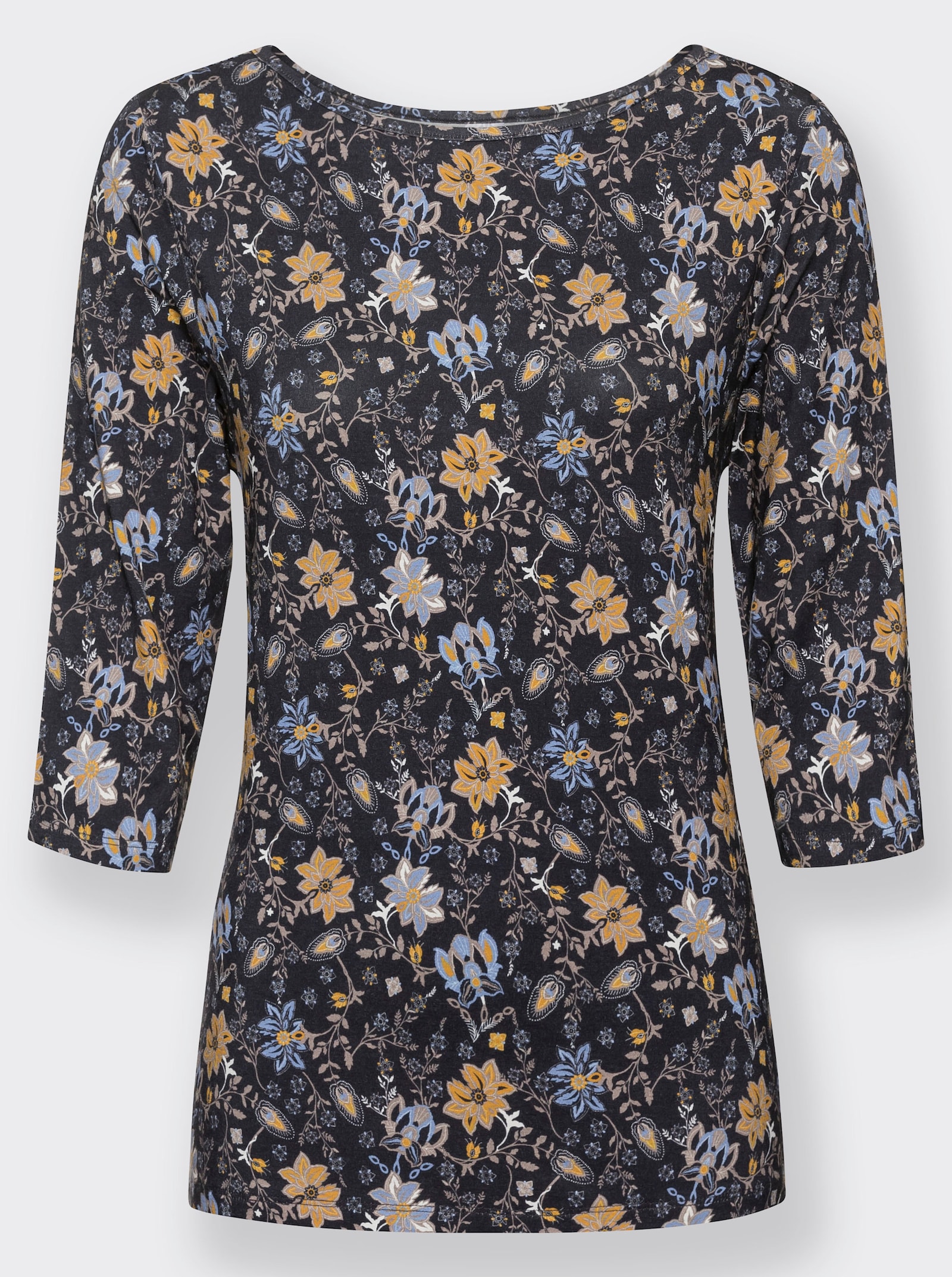 Print-Shirt mit U-Boot-Ausschnitt - marine-ocker-bedruckt