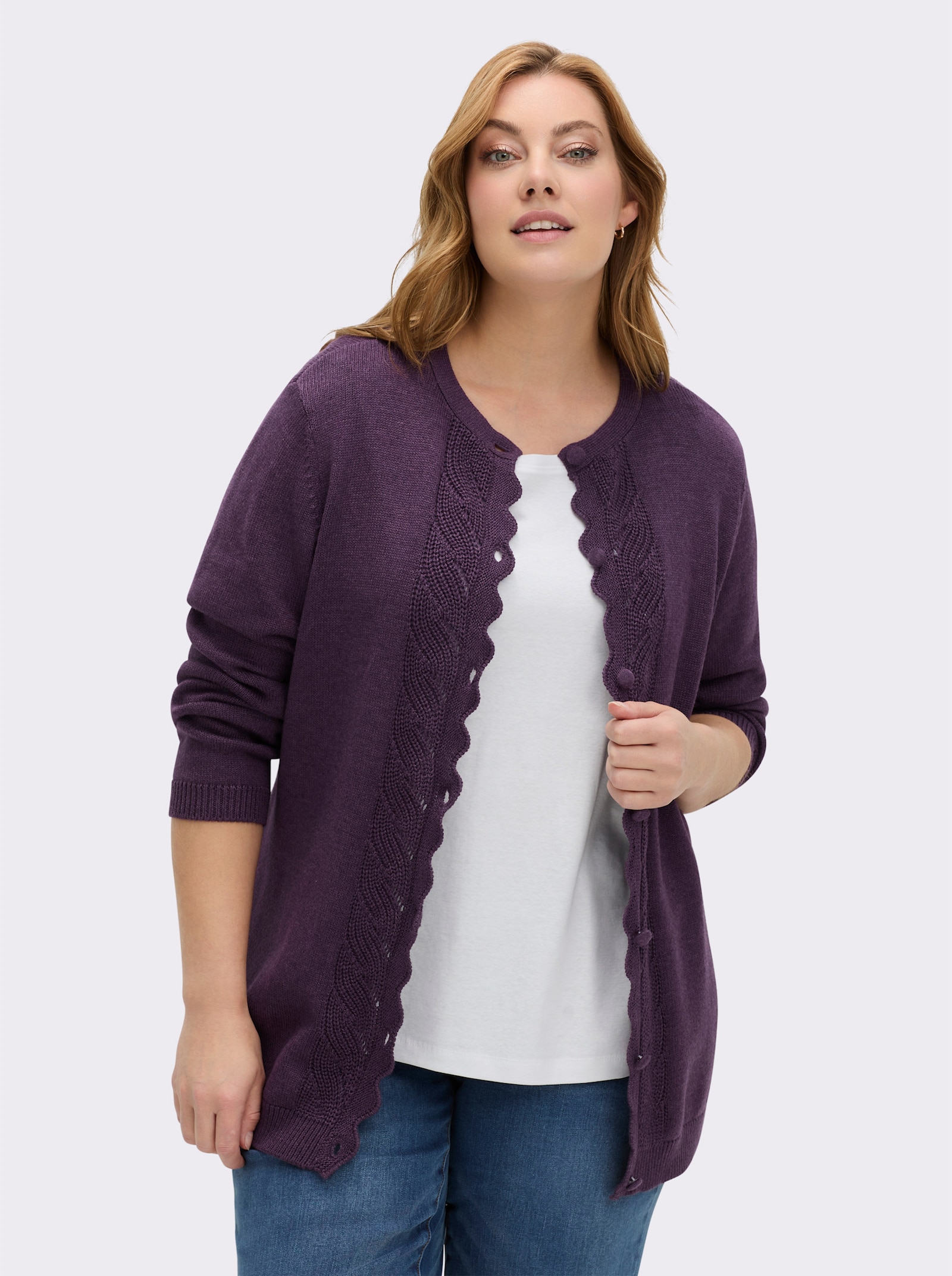 Strickjacke mit gebogter Knopfleiste - traube-meliert