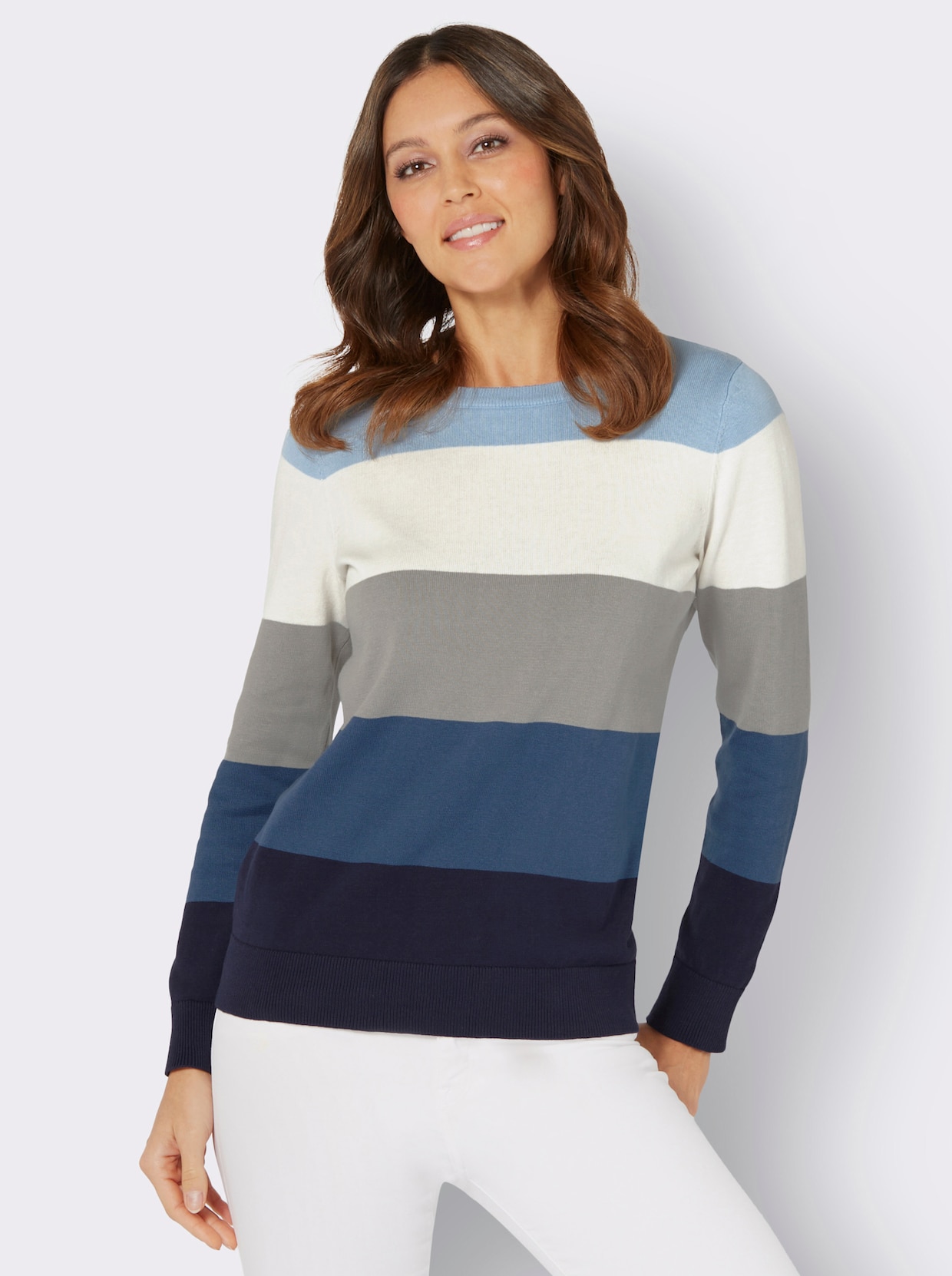 Langarm-Pullover - ecru-marine-gestreift