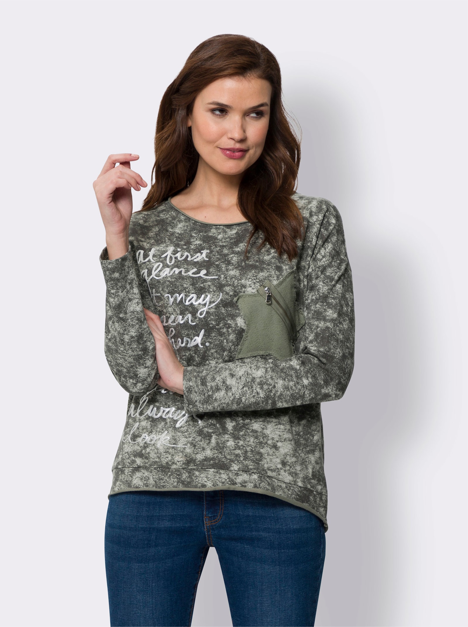 heine Sweatshirt mit Rollkanten - khaki-bedruckt