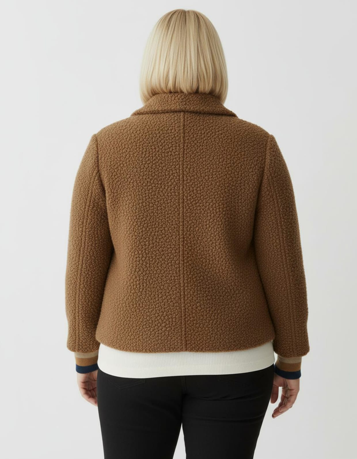 Boucléjacke mit gestreiften Ärmel-Bündchen - cognac