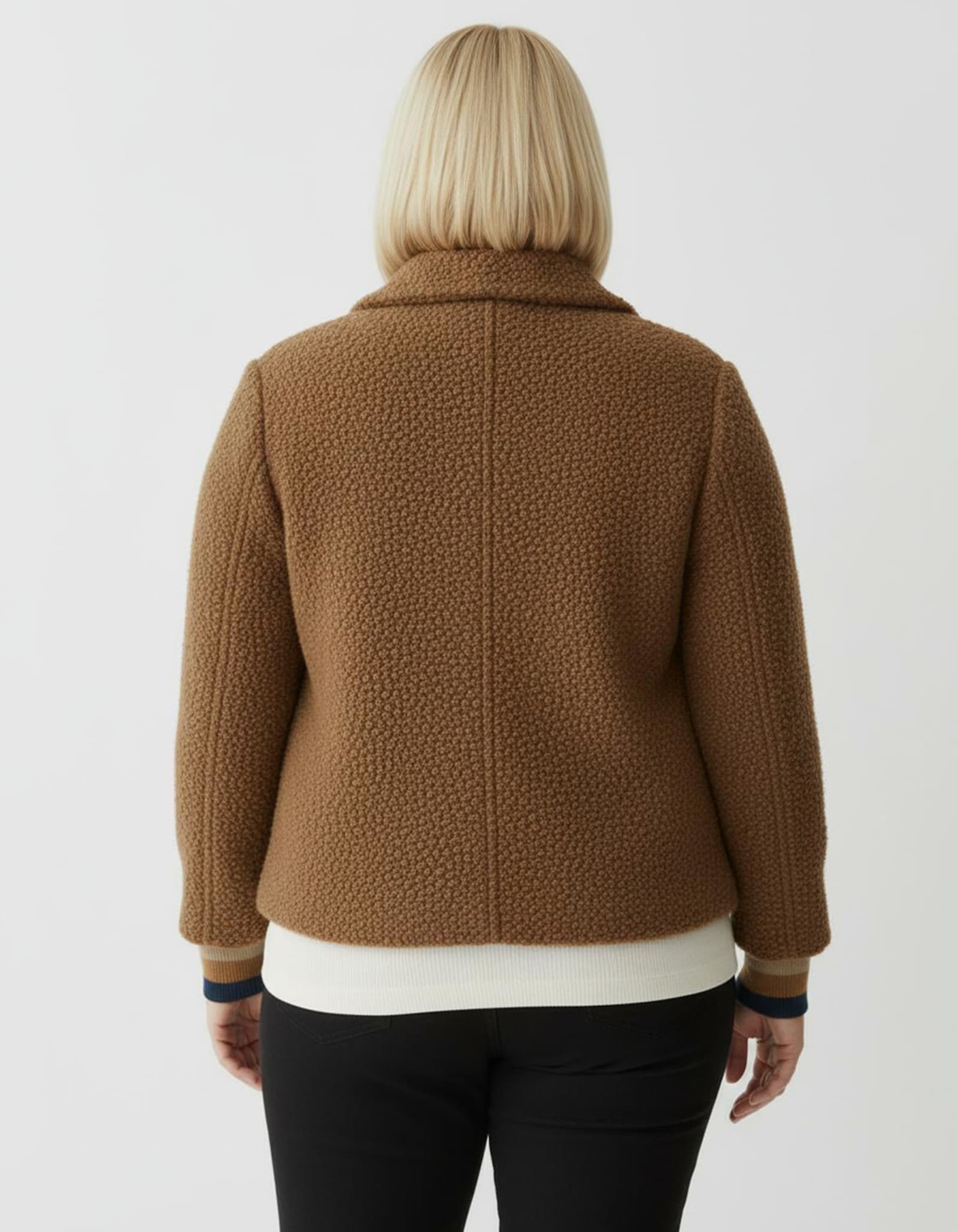 Boucléjacke mit gestreiften Ärmel-Bündchen - cognac