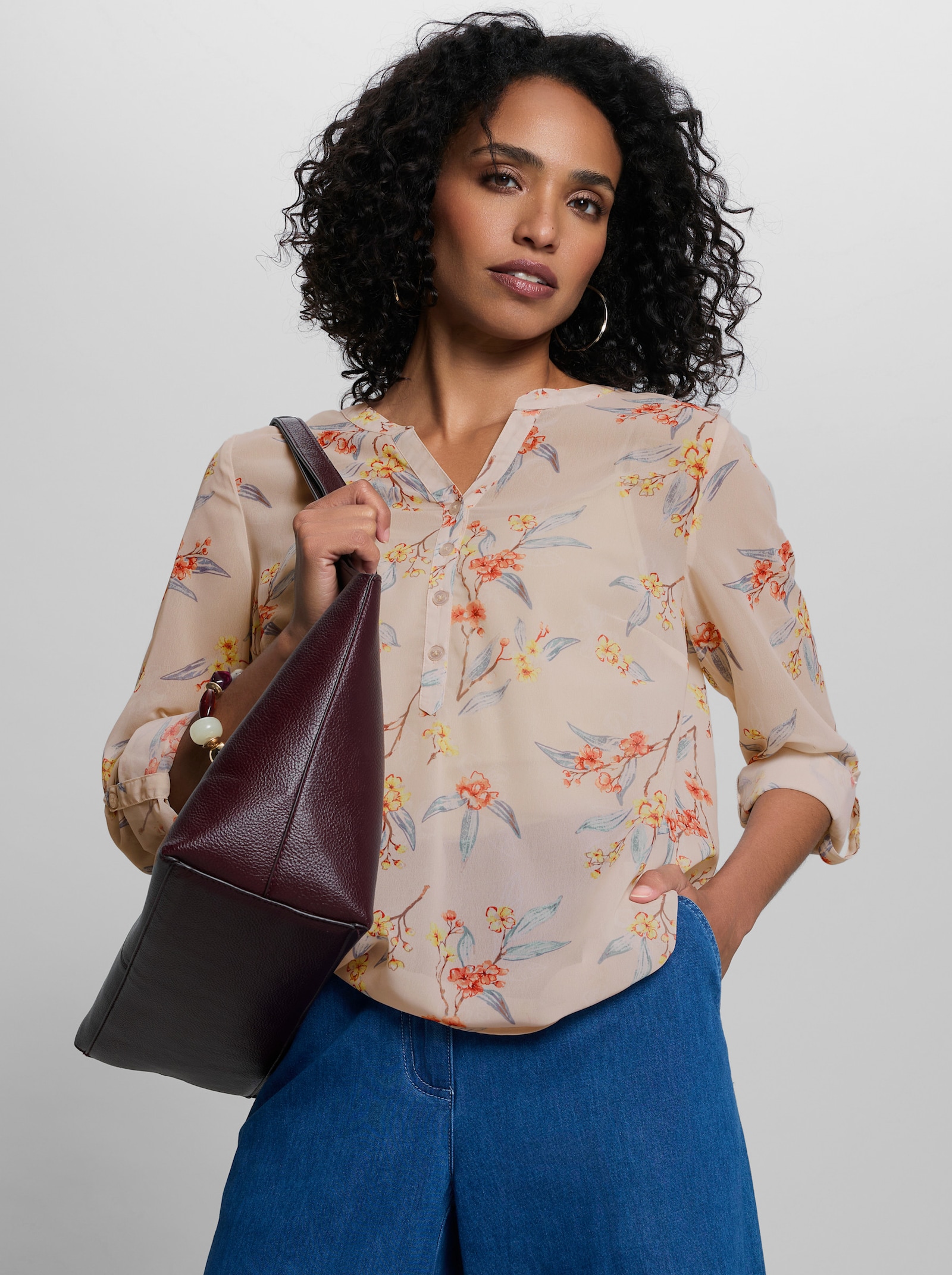 heine Georgettebluse mit Ärmelriegel - elfenbein-mint-bedruckt