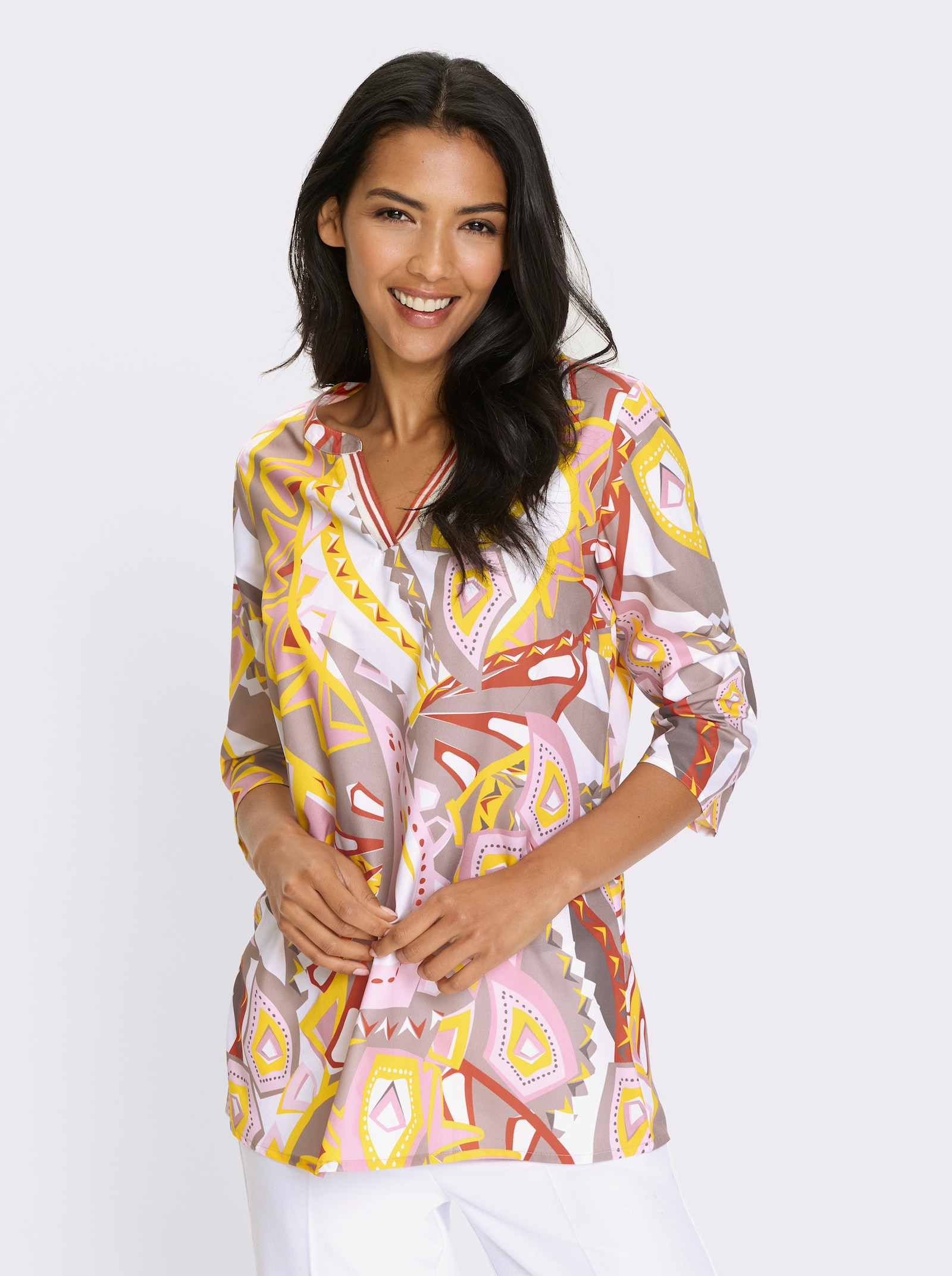 Longbluse mit gestreiftem Ripsband - sonnengelb-ecru-bedruckt