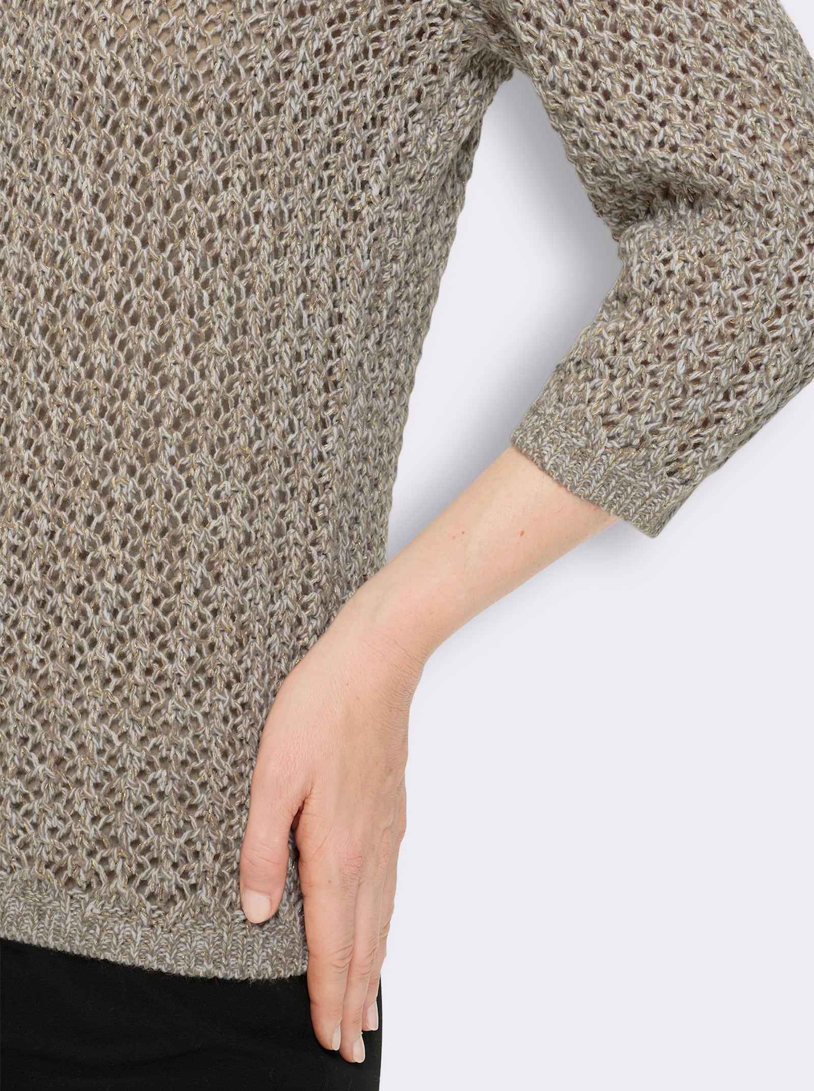 3/4-Arm-Pullover mit goldfarbenem Glanzgarn - taupe-ecru-meliert