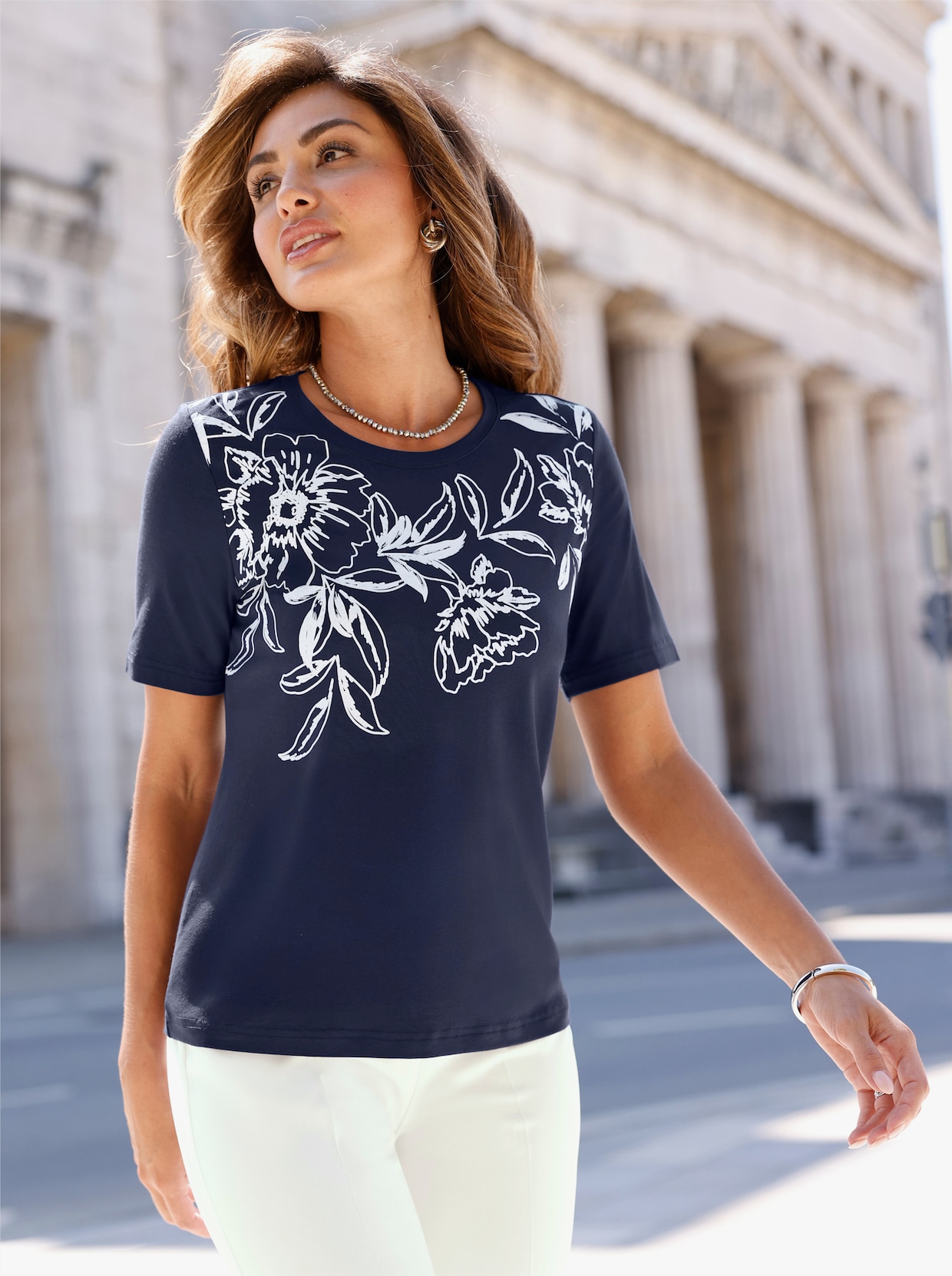Kurzarmshirt - marine-weiß-bedruckt