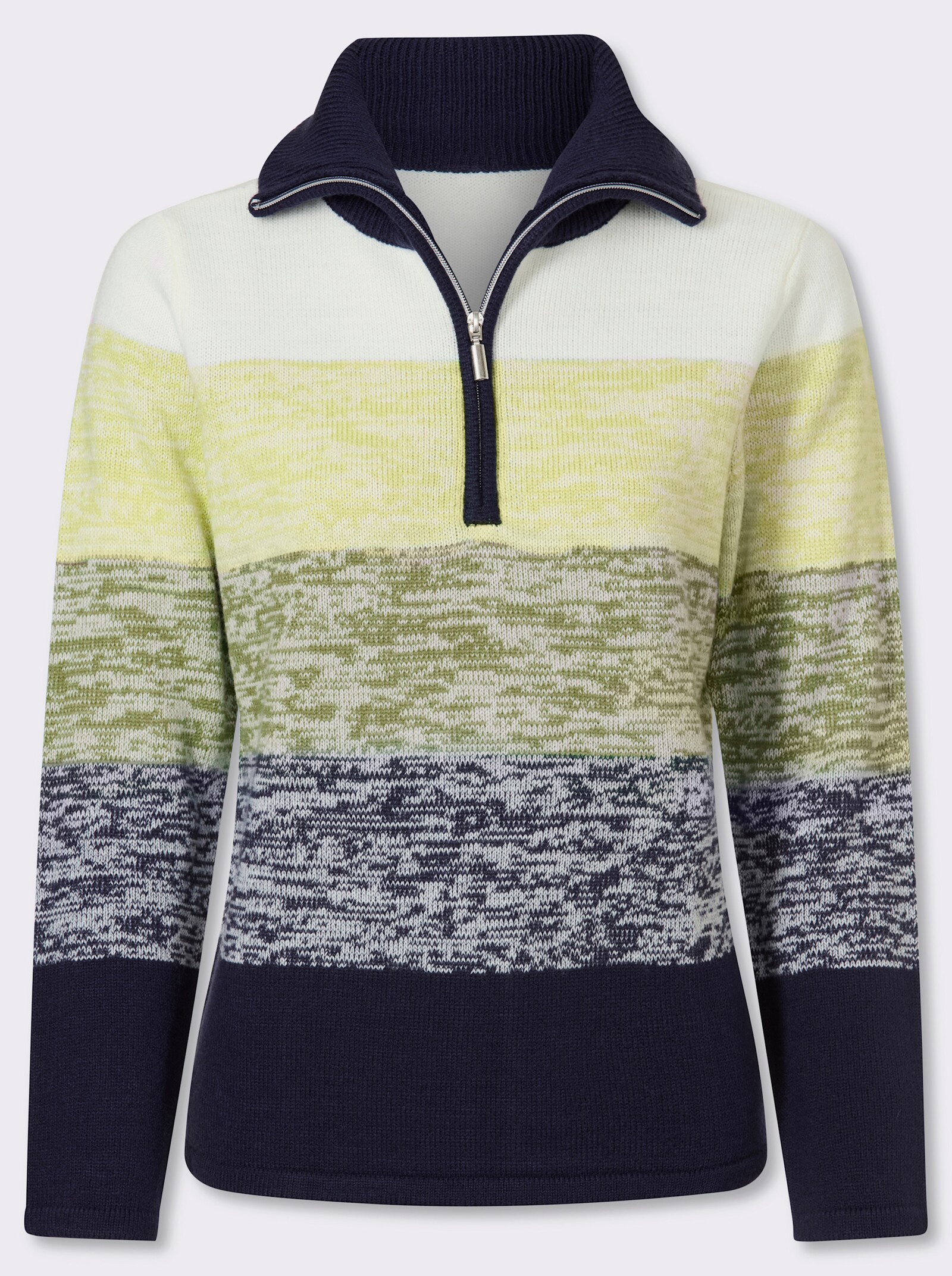 Langarm-Pullover mit kurzem Reißverschluss - schilf-marine-gemustert