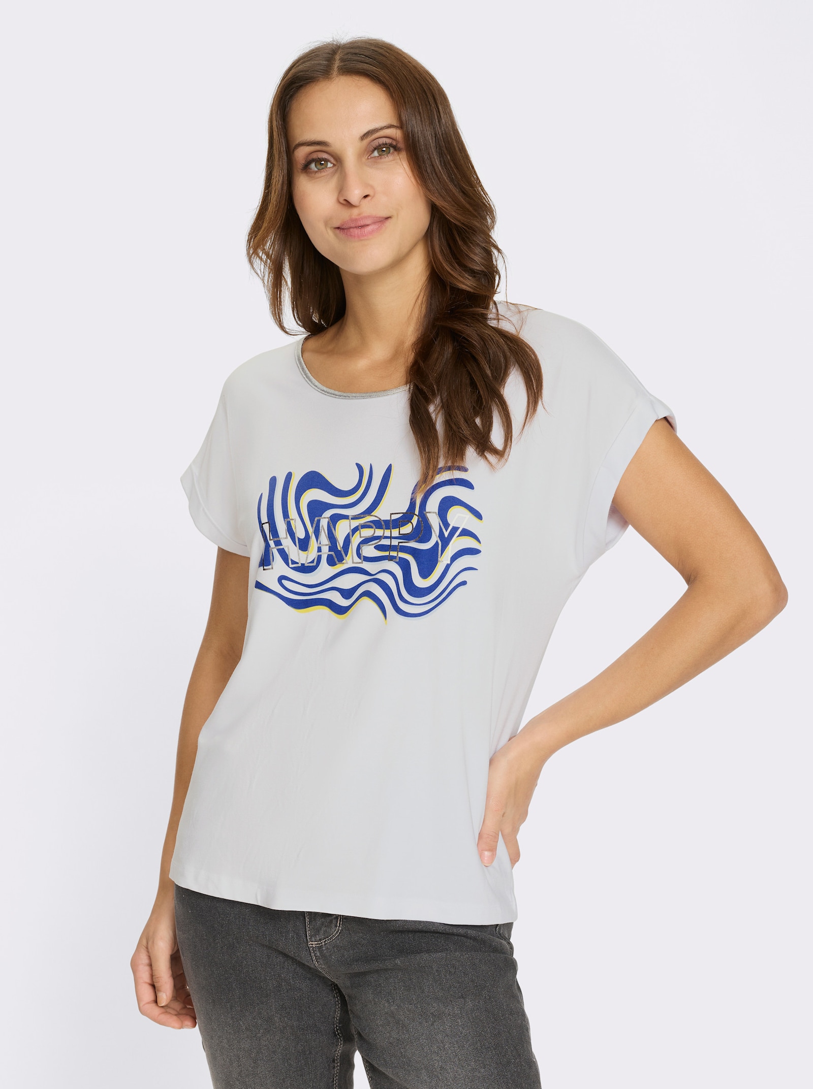 Kurzarmshirt mit fixiertem Ärmel-Aufschlag - weiß-royalblau-bedruckt