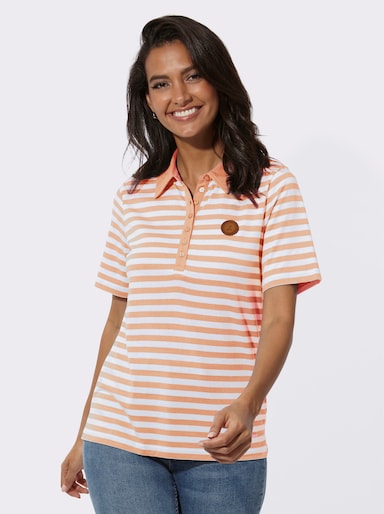 Poloshirt mit Seitenschlitzen - apricot-weiß-geringelt