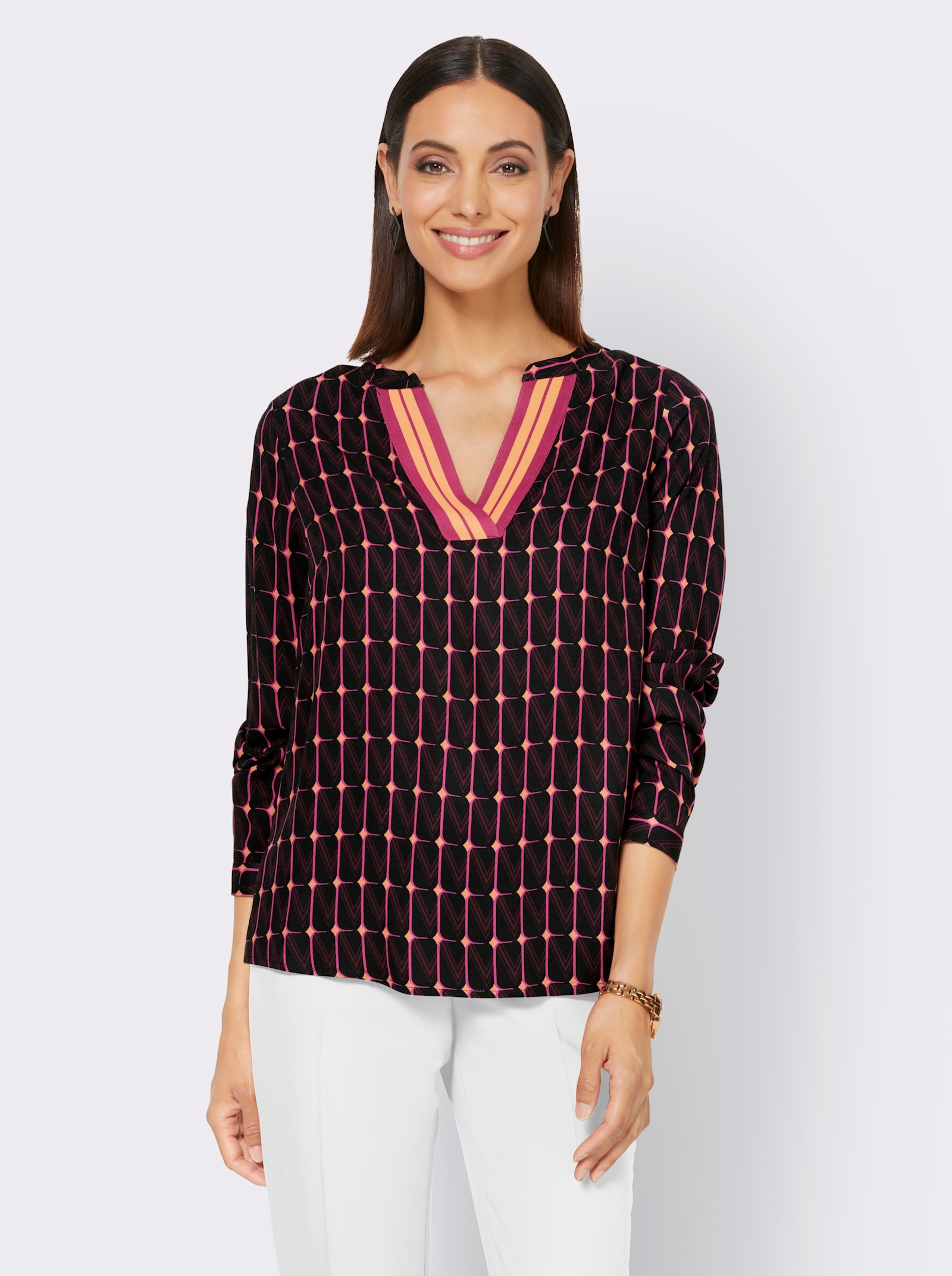 heine Druckbluse mit V-Ausschnitt - schwarz-magenta-bedruckt