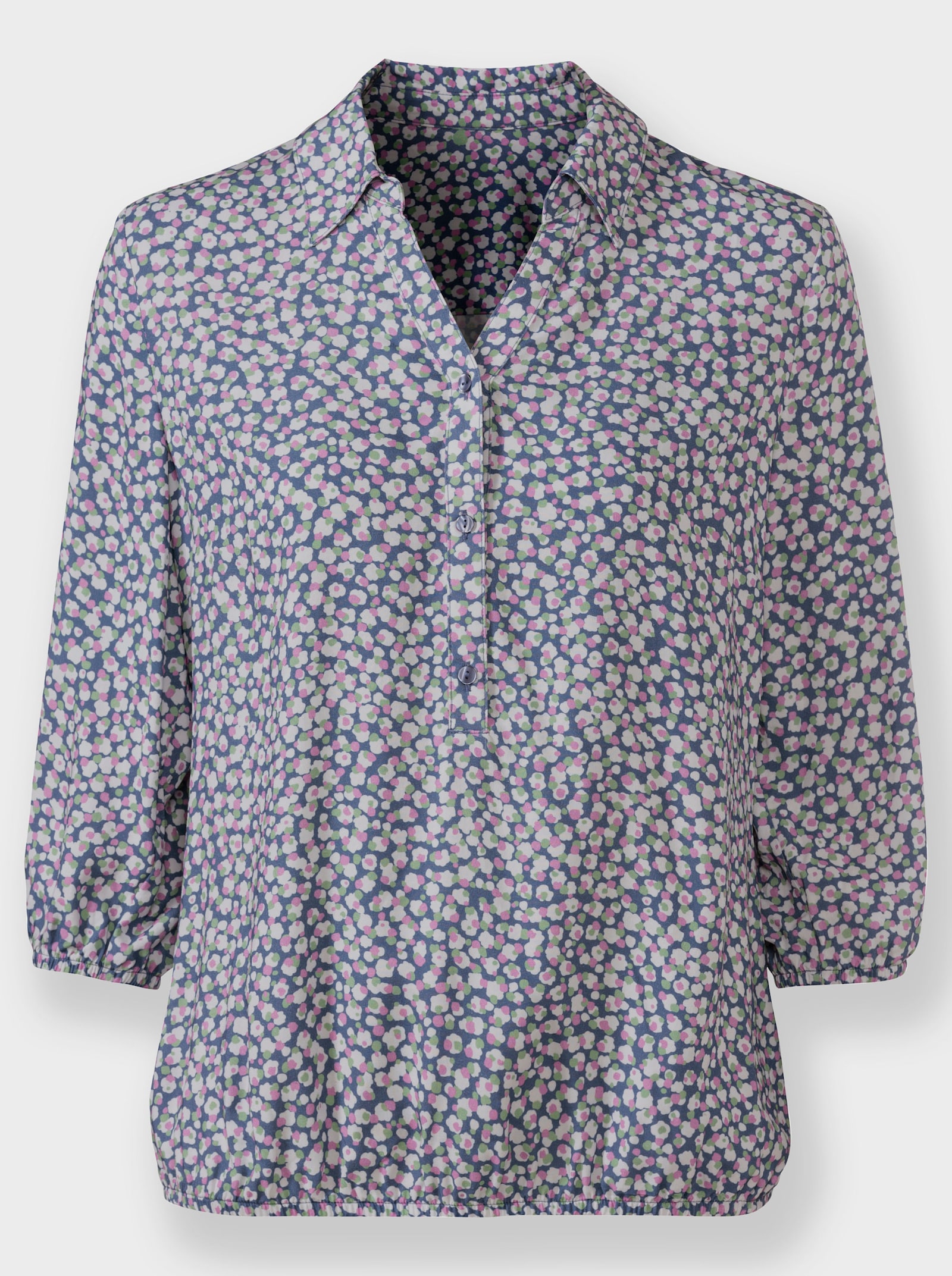 Schlupf-Bluse mit Kellerfalte hinten - rauchblau-orchidee-bedruckt