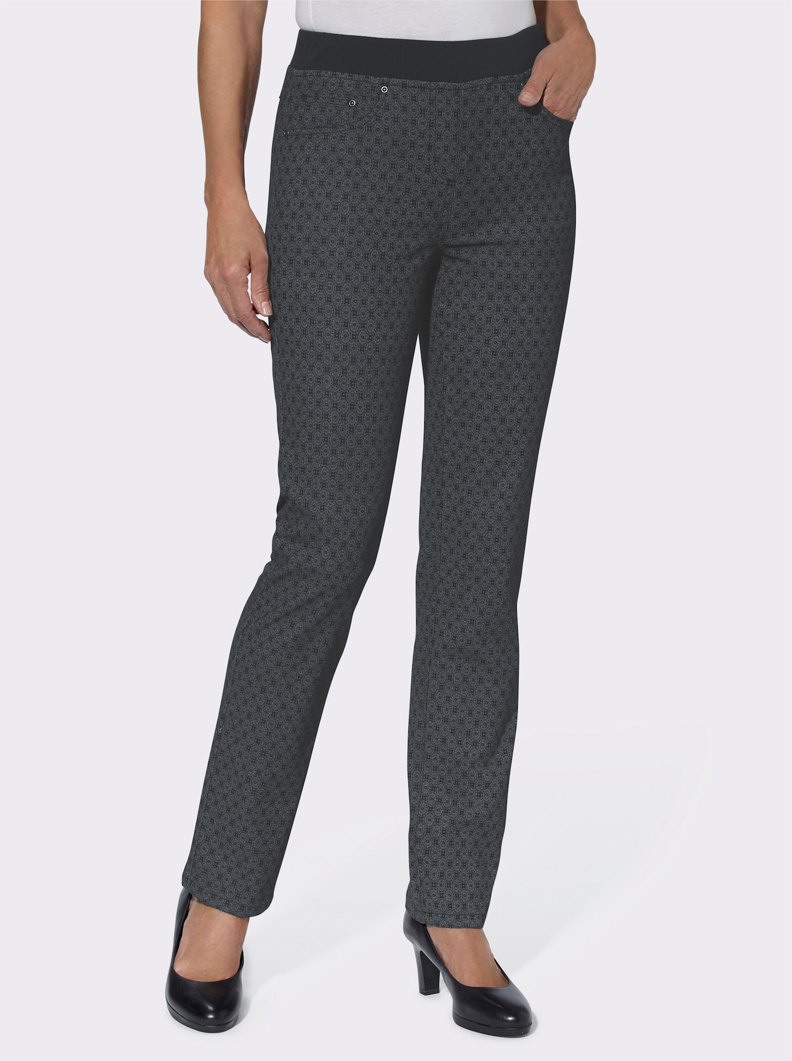 Comfortjeans met geribde comfortband van tricot - grey/denim bedrukt
