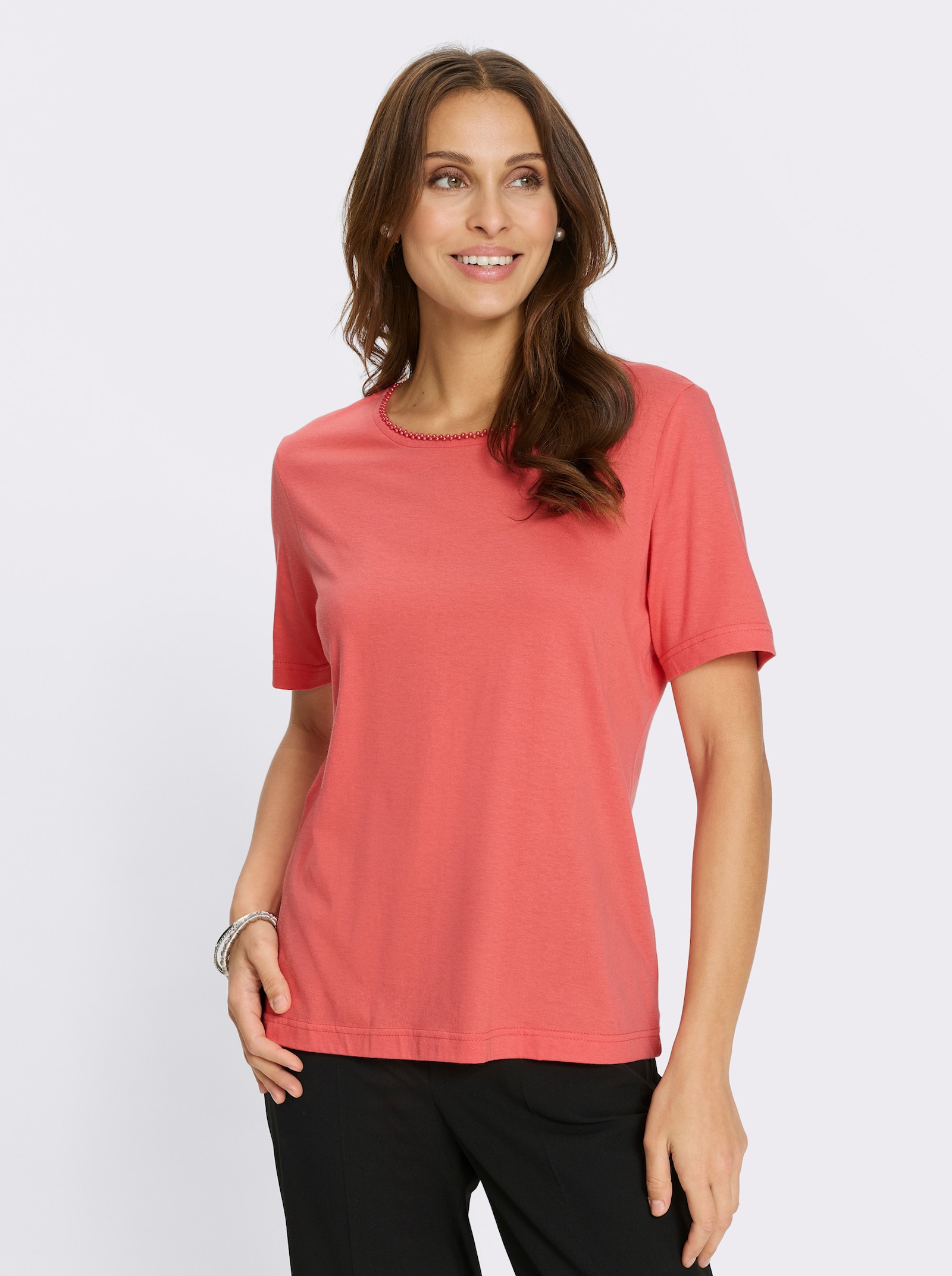 Kurzarmshirt mit Zierperlen - grapefruit