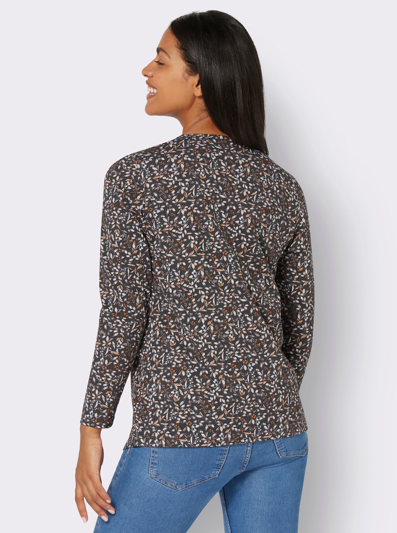 Tričko s dlouhým rukávem s květinovým vzorem - černá-rezavá-potisk