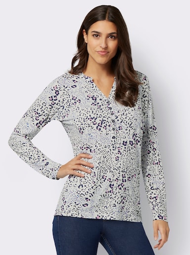 Jersey-Bluse mit Knopfleiste - ecru-marine-bedruckt