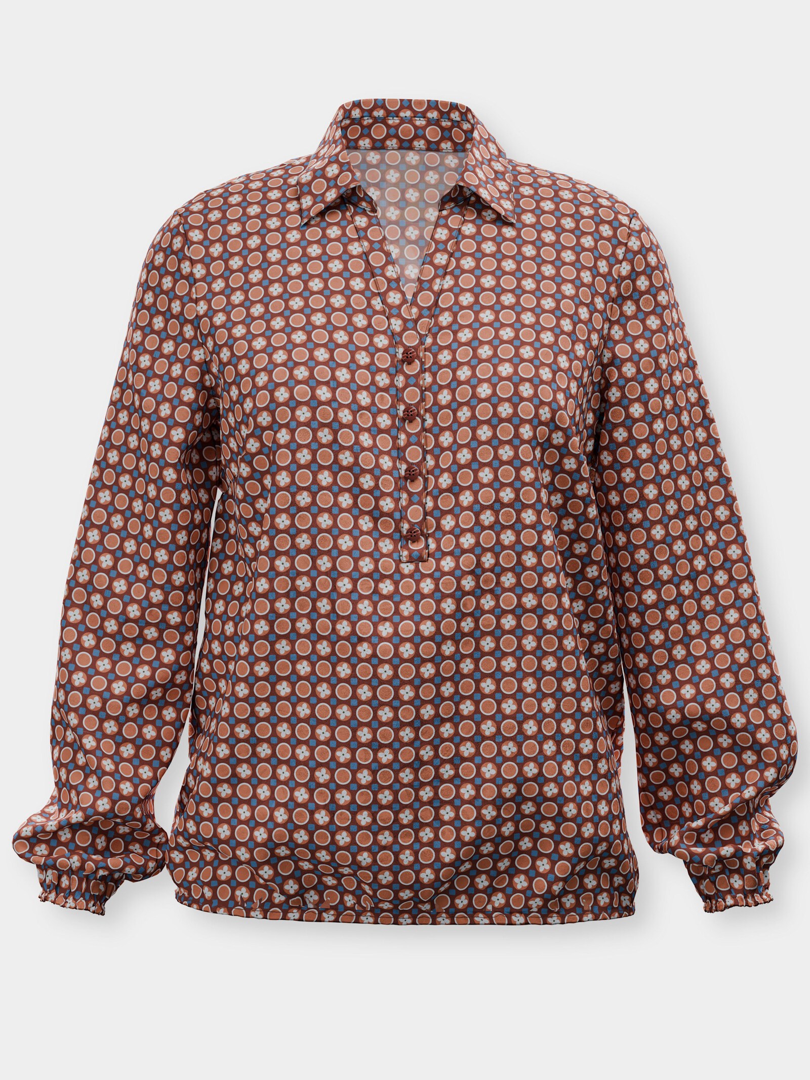 Schlupfbluse mit Gummibündchen - rotbraun-papaya-bedruckt