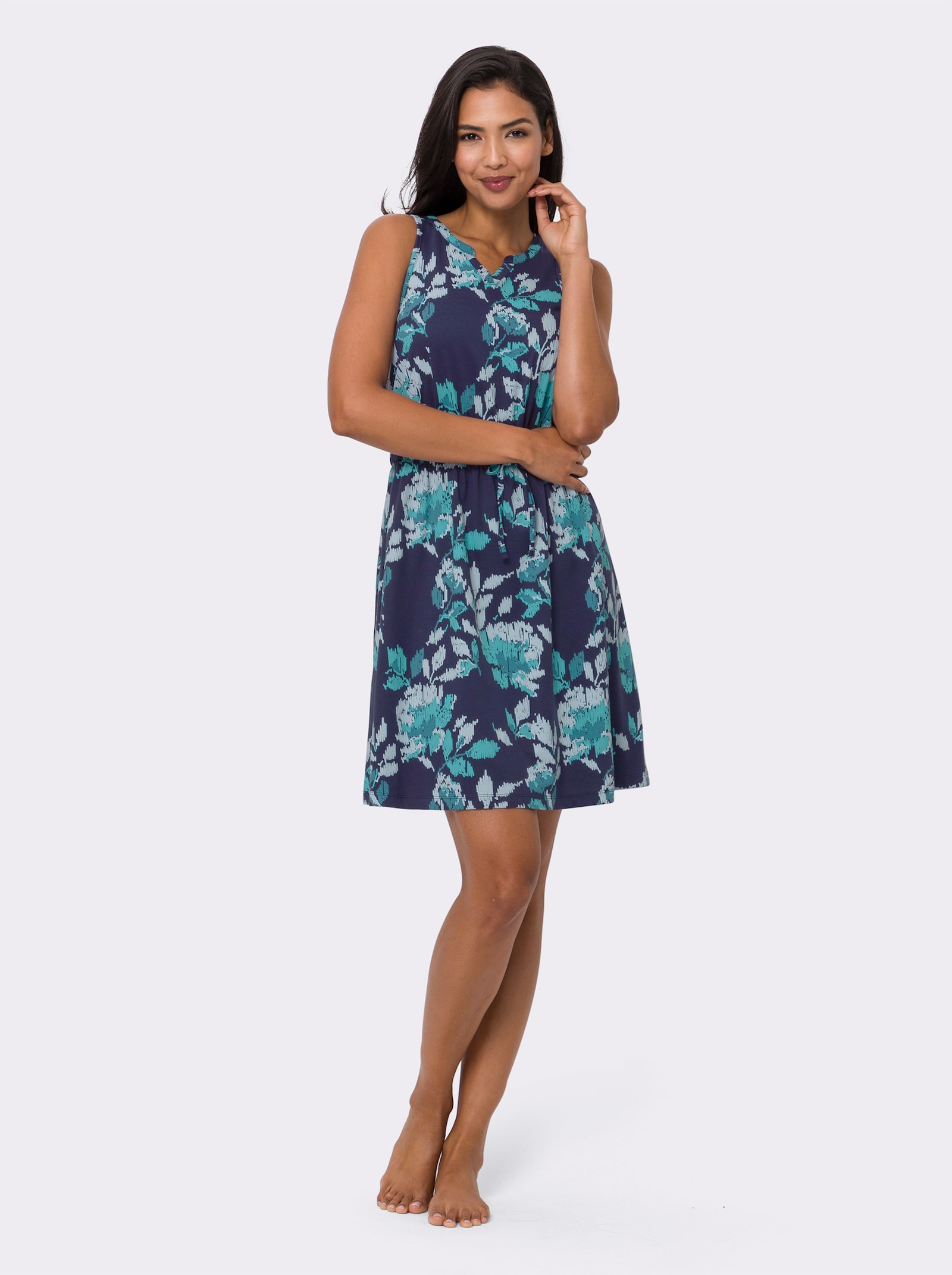 Sommerkleid mit Tunnelzug und Bindeband - marine-bedruckt