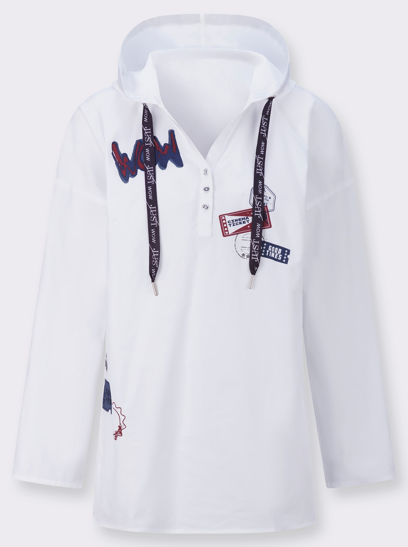 Longbluse mit Patches im Vorderteil - weiß