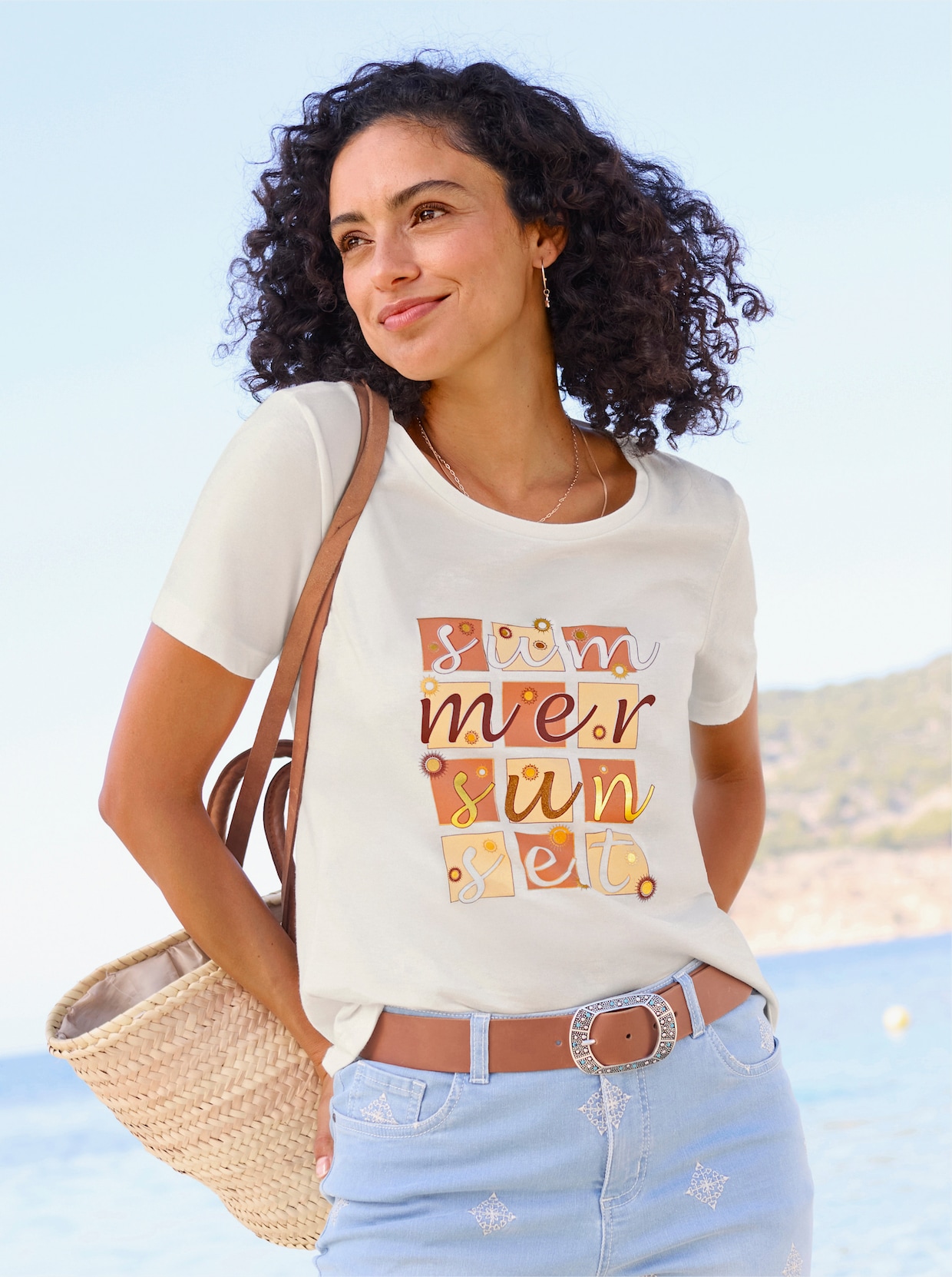 Kurzarmshirt - ecru-papaya