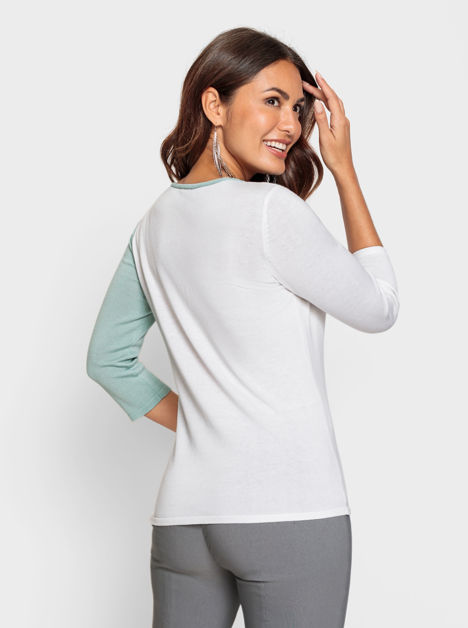 Feinstrickpullover mit platziertem Druck vorne - ecru-kalkmint-bedruckt